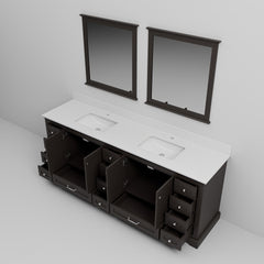 Espresso Double Bath Vanity 84 in. W x 22 in. D, White Quartz Top, and 34 in. Mirrors