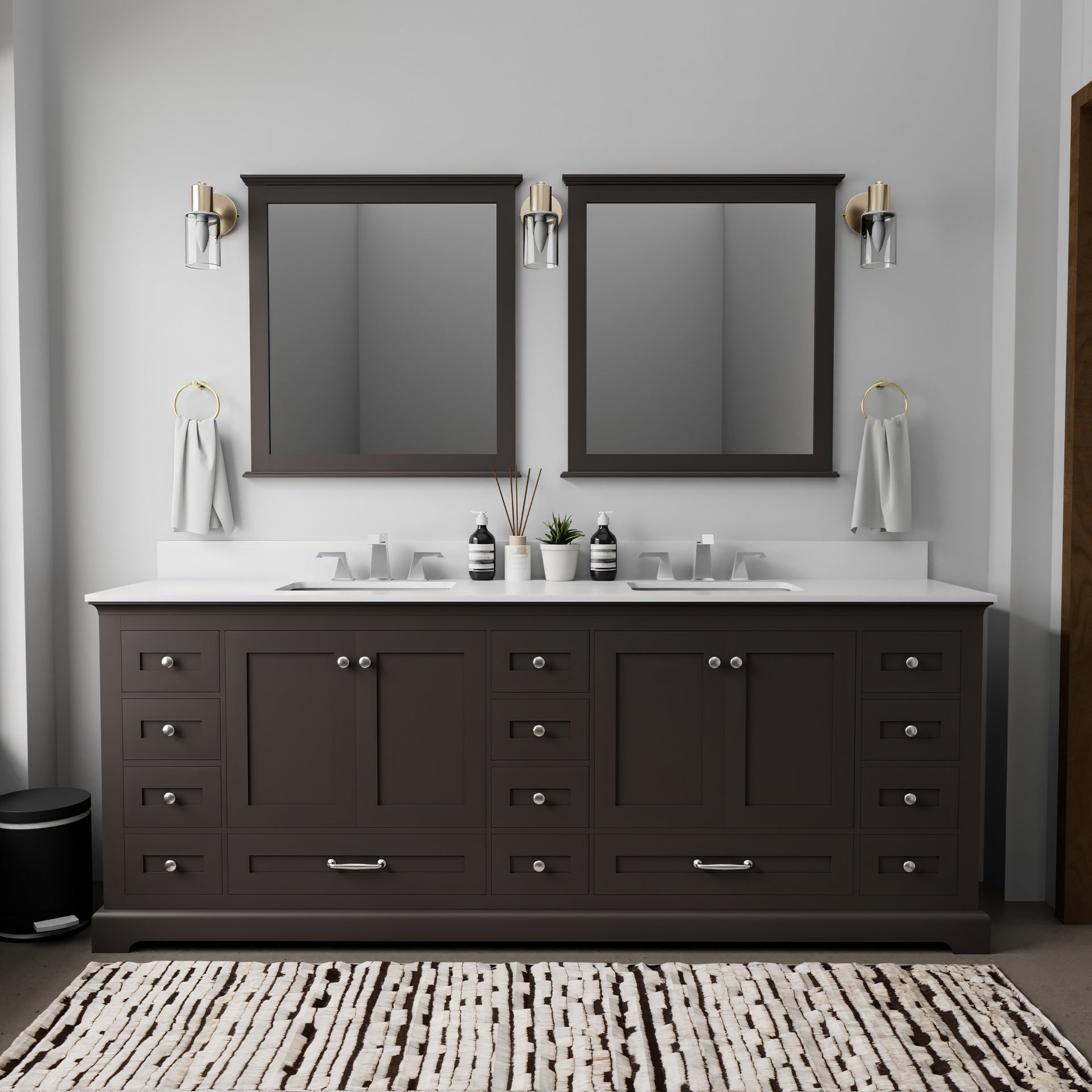 Espresso Double Bath Vanity 84 in. W x 22 in. D, White Quartz Top, and 34 in. Mirrors