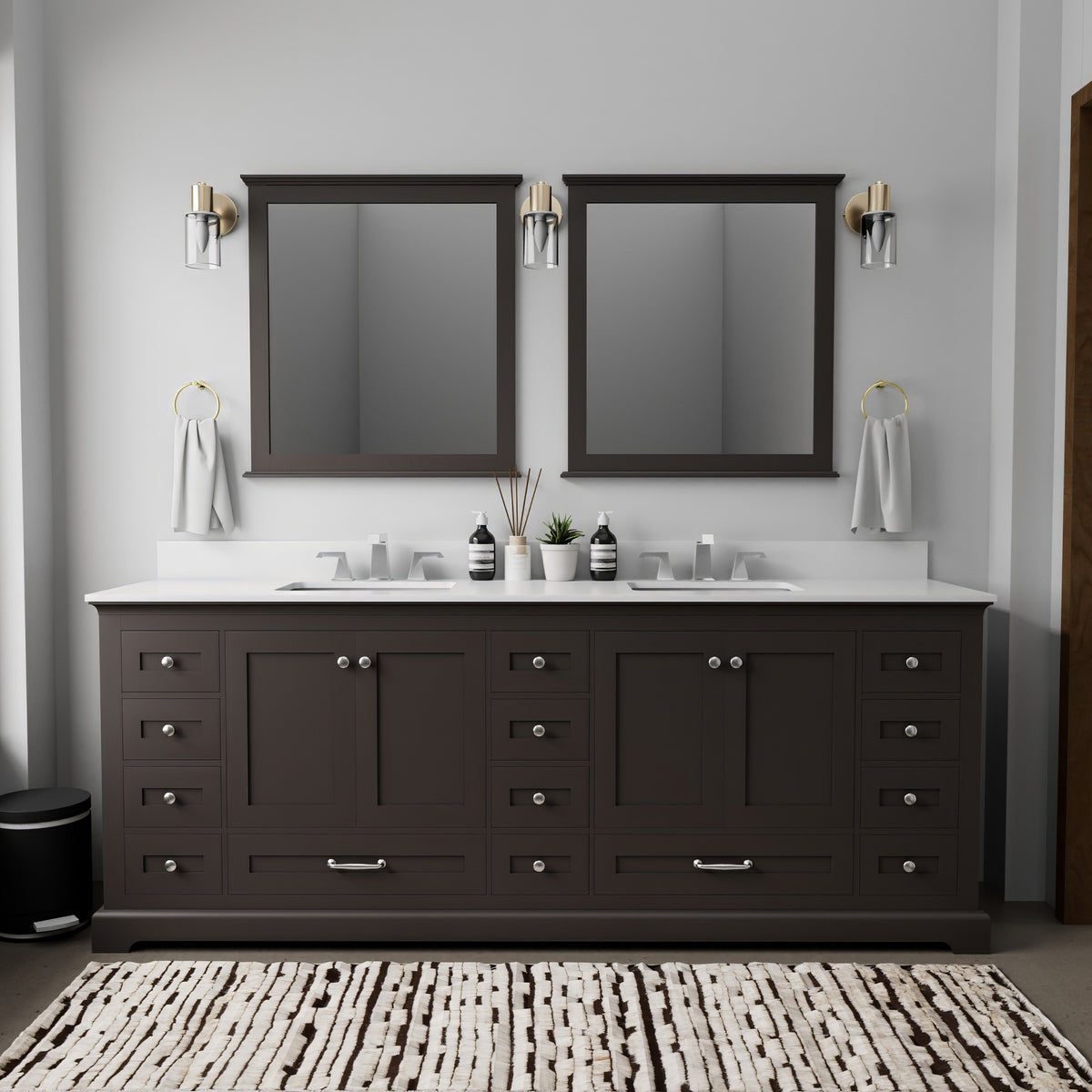 Espresso Double Bath Vanity 84 in. W x 22 in. D, White Quartz Top, and 34 in. Mirrors