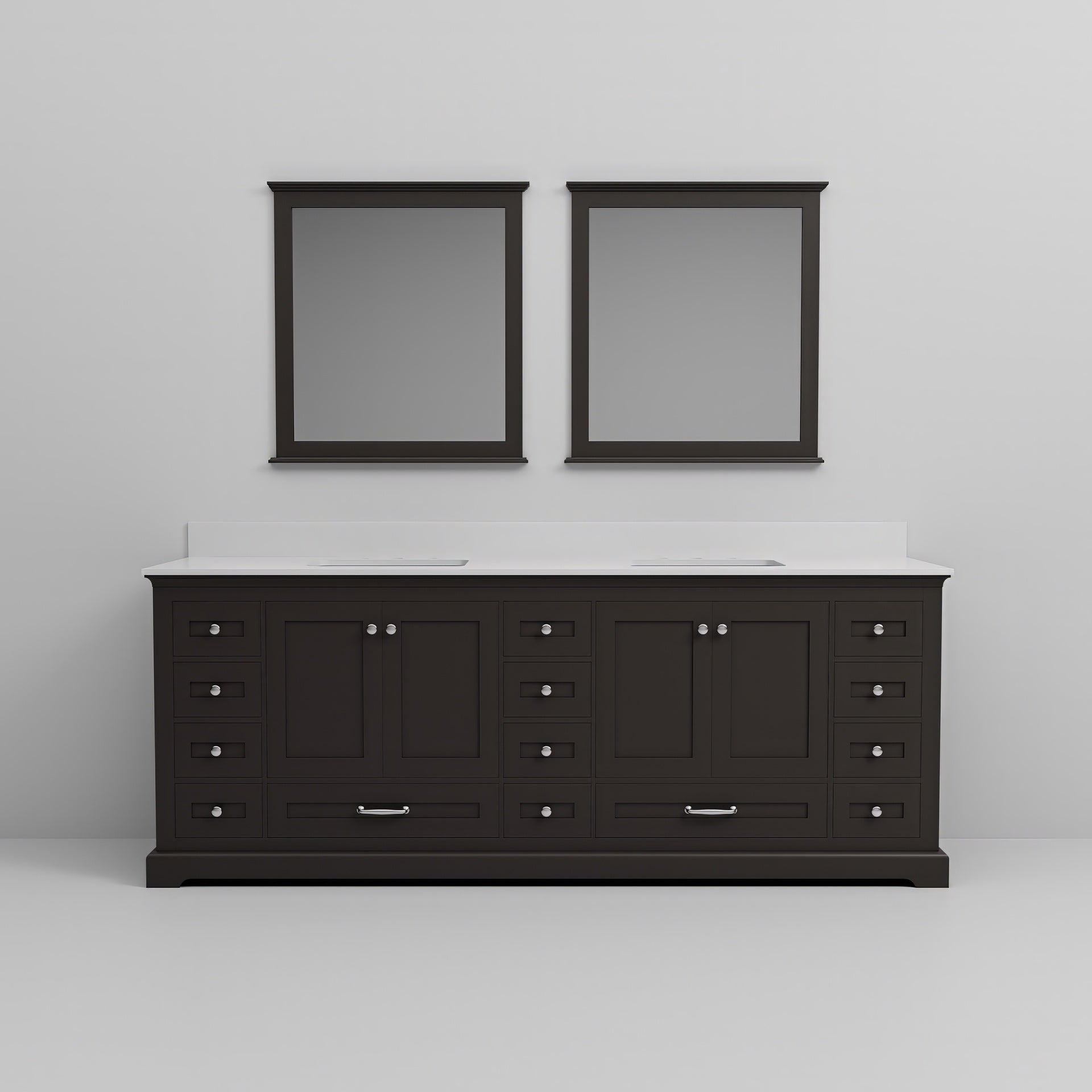 Espresso Double Bath Vanity 84 in. W x 22 in. D, White Quartz Top, and 34 in. Mirrors