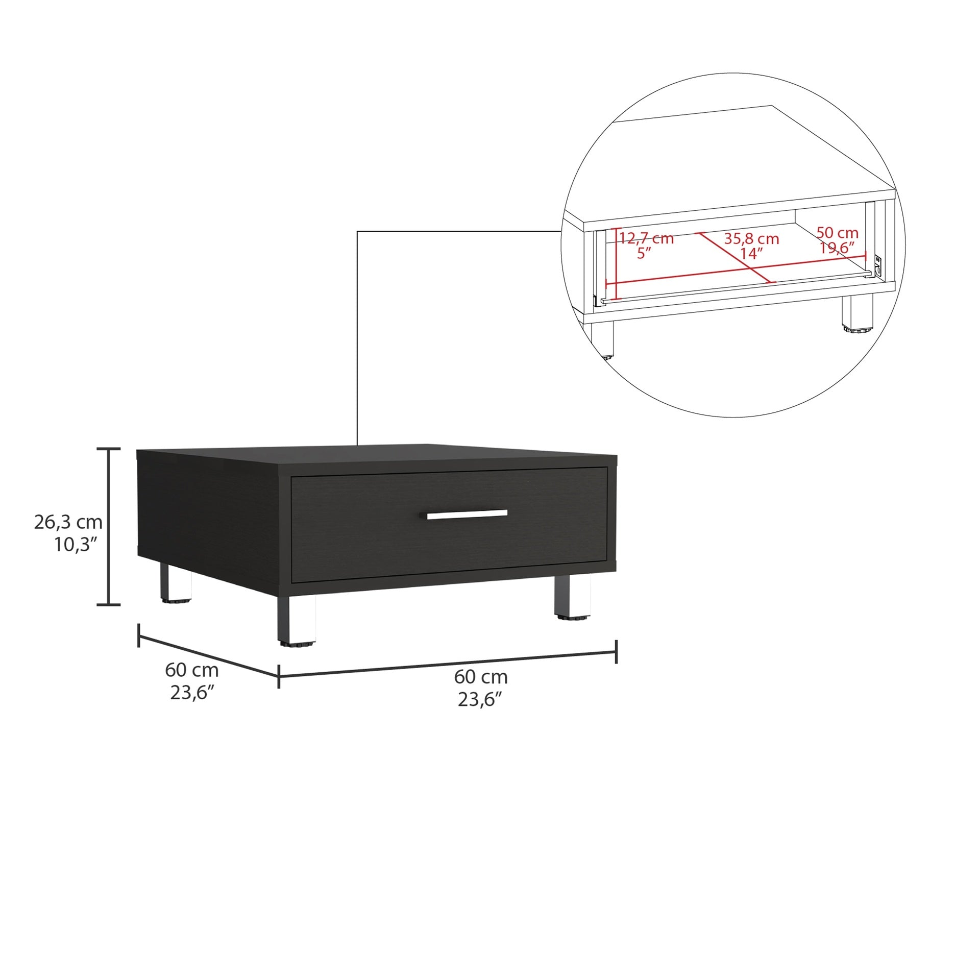 Beijing Coffee Table, One Drawer, Four Legs  -Black