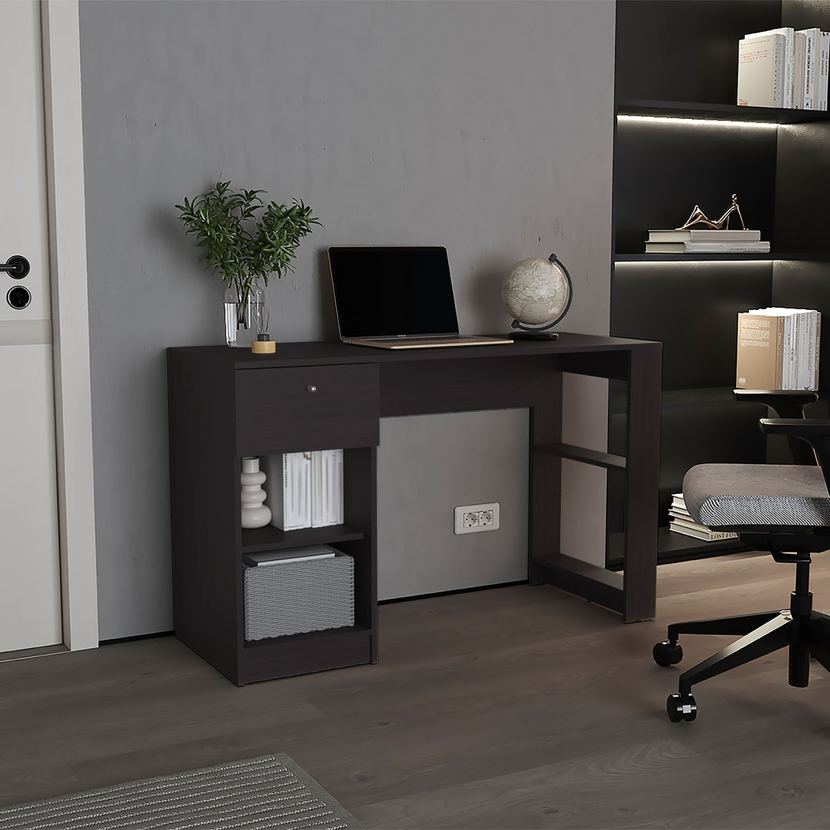 120-Home 47" Wide One Drawer Desk , Four Shelves, Writting Desk, Gamer Desk, Home Office, Living Room Black