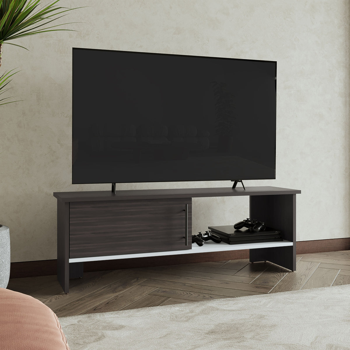 Navia 47" Wide Tv Stand with One Door Cabinet and Open Shelf  for Living Room, Entertainment Center Dark Walnut - White