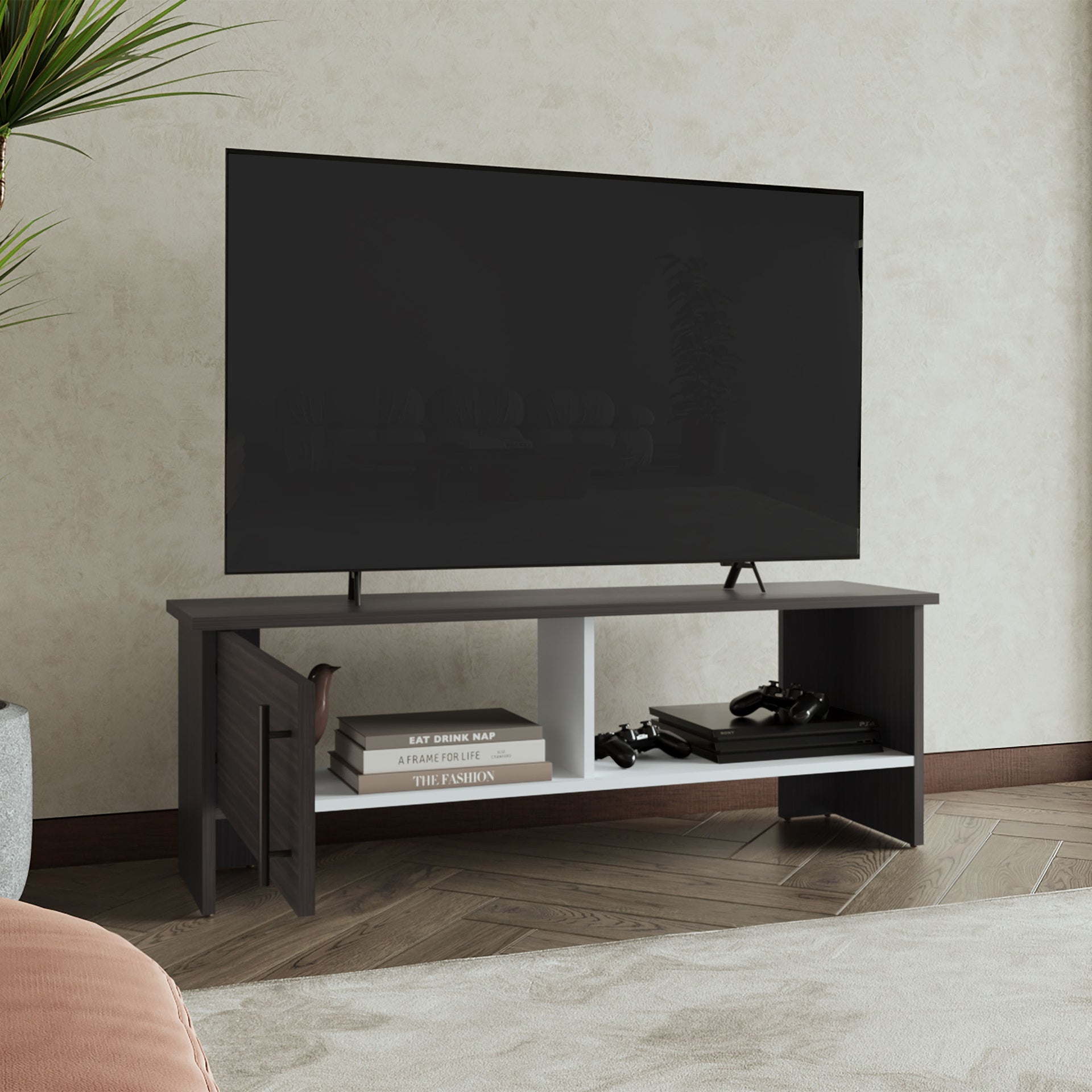 Navia 47" Wide Tv Stand with One Door Cabinet and Open Shelf  for Living Room, Entertainment Center Dark Walnut - White