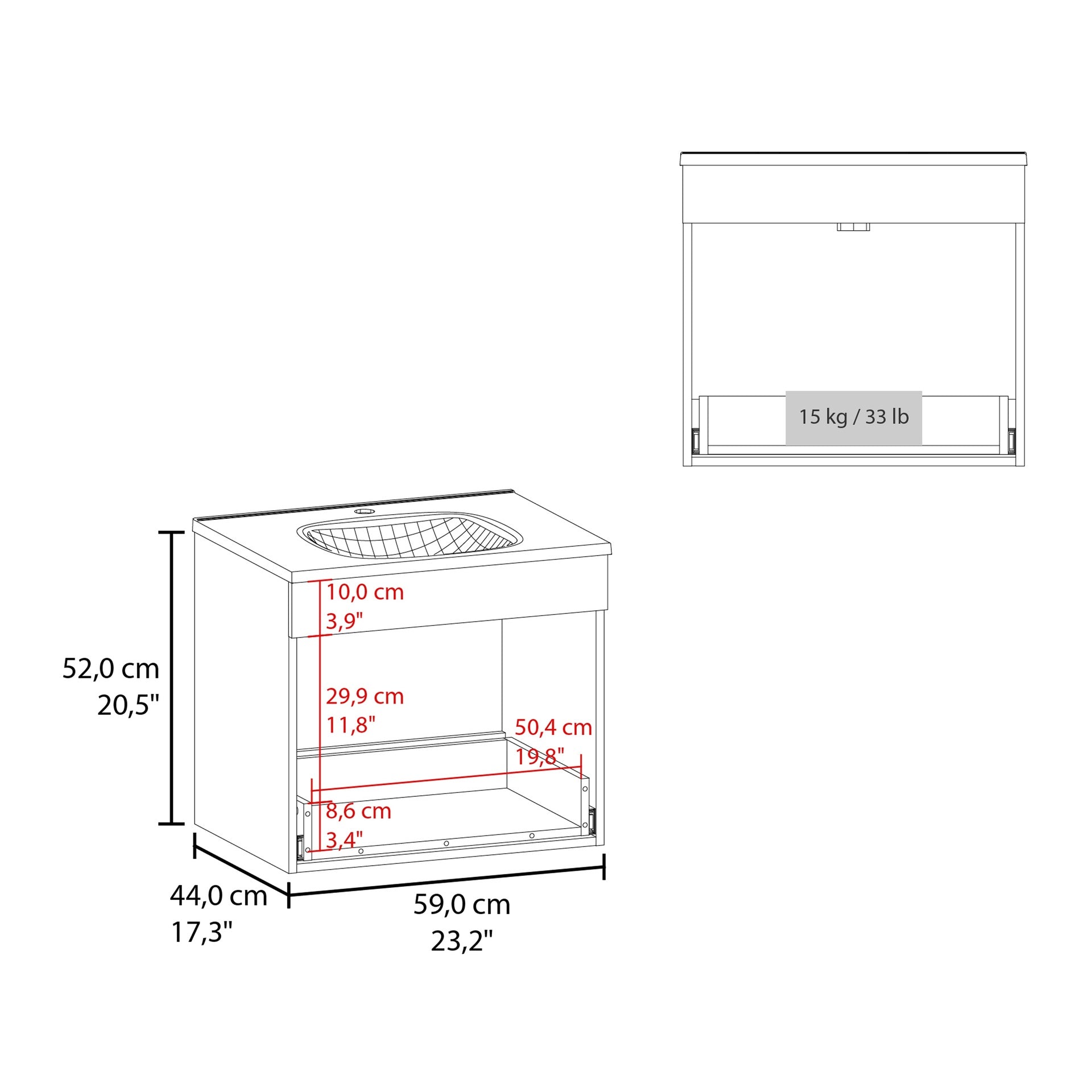 One door Batroom Vanity Hatta, Two Drawers and Open Shelf, Includes Hardware, White