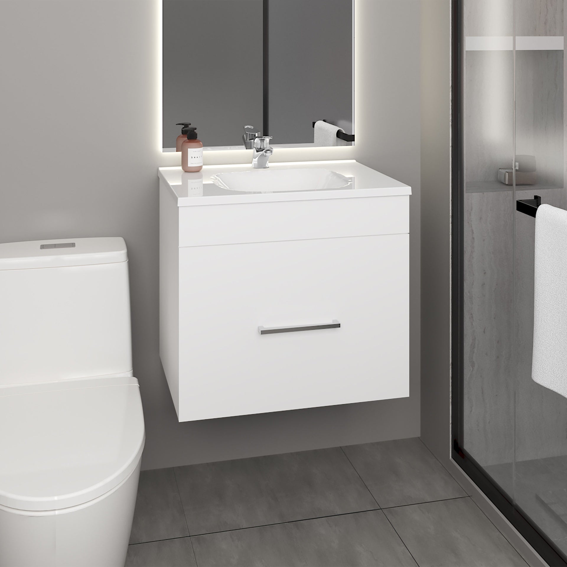 One door Batroom Vanity Hatta, Two Drawers and Open Shelf, Includes Hardware, White