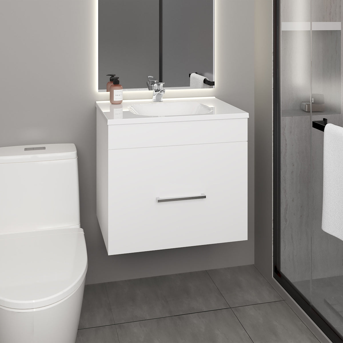 One door Batroom Vanity Hatta, Two Drawers and Open Shelf, Includes Hardware, White
