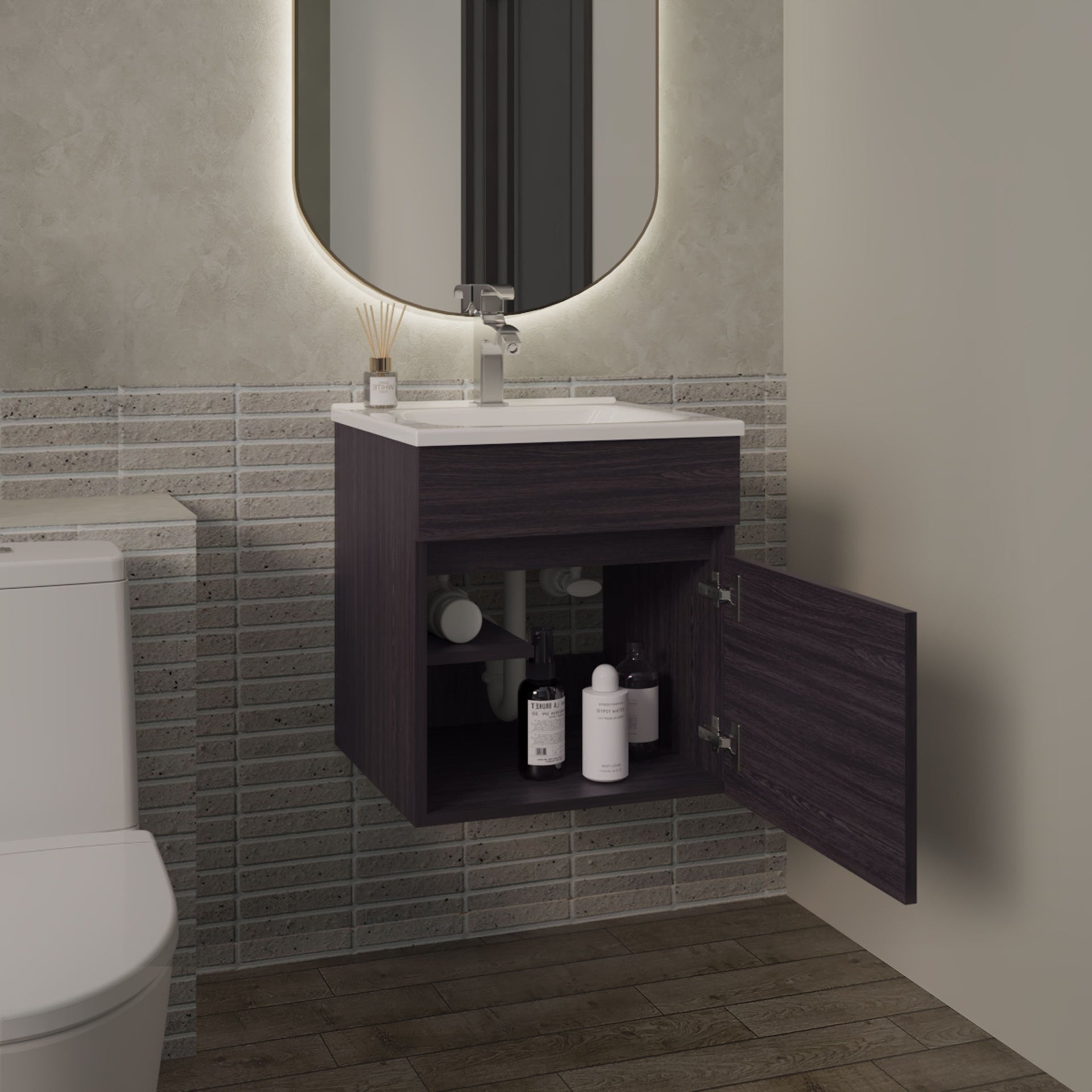 Primavera 18" Wide Floating Bathroom Vanity, With One Cabinet And Two Shelves, Black