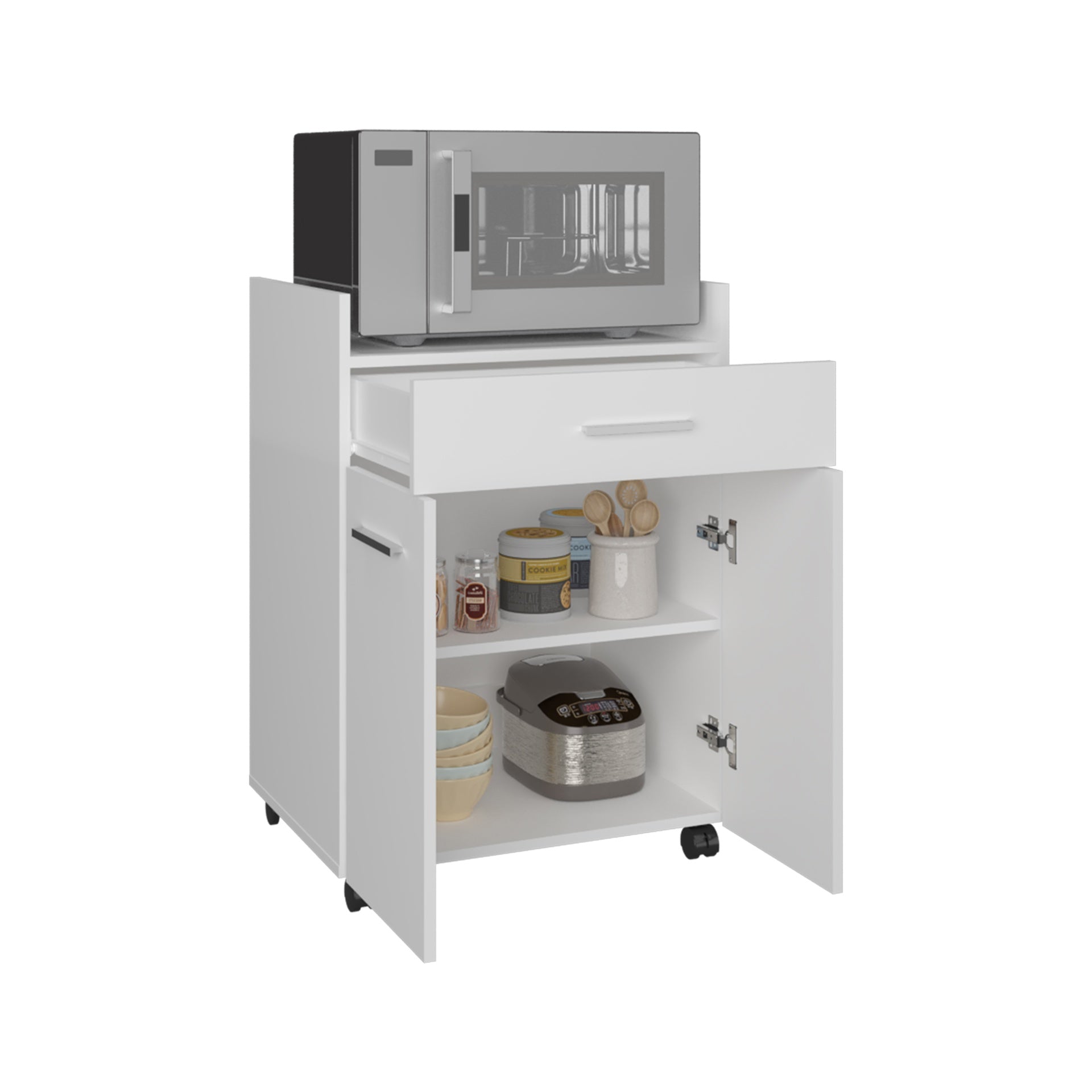 Glover Kitchen Cart With Casters, Open Shelves, Drawer And Cabinet Storage, Mobile Kitchen Island, White