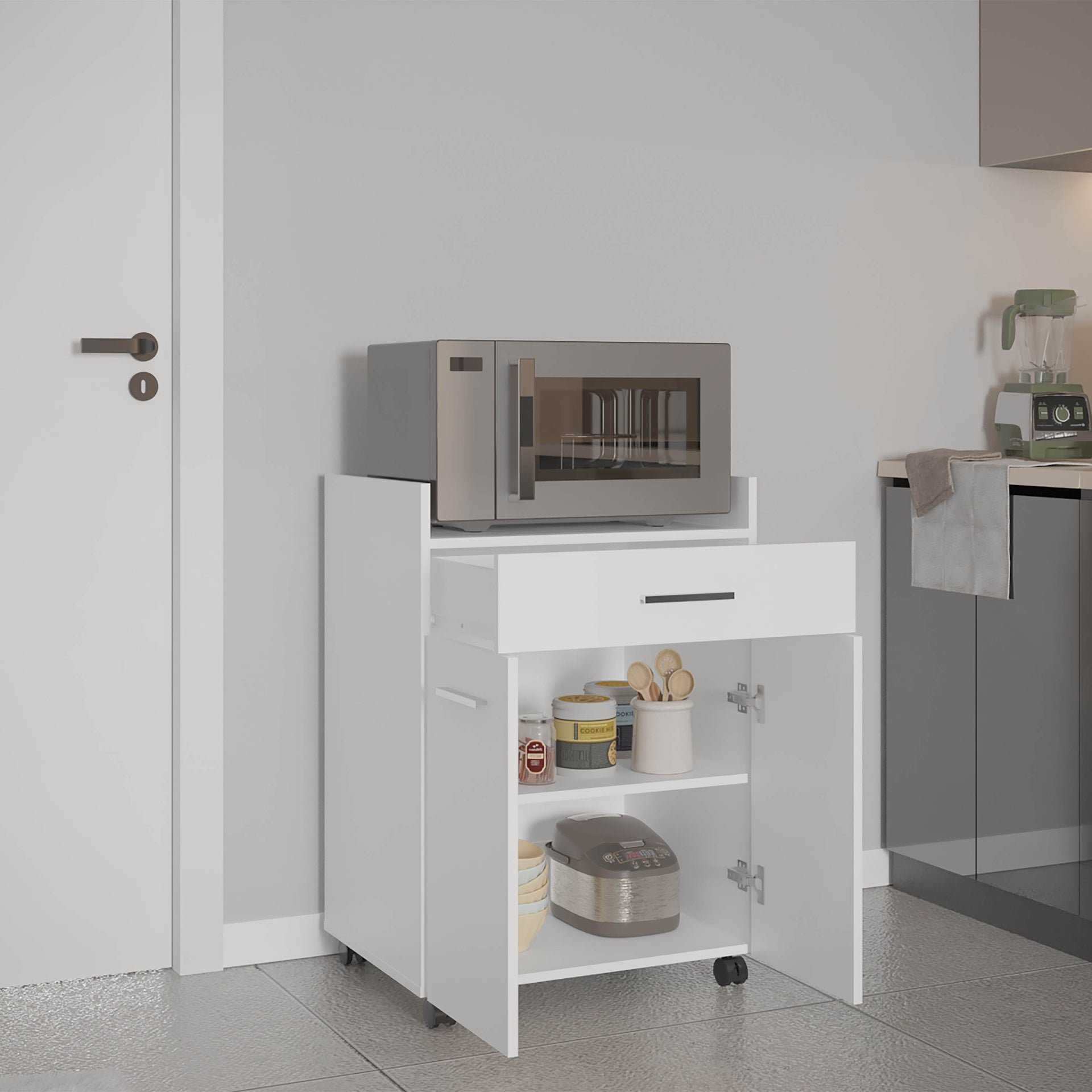 Glover Kitchen Cart With Casters, Open Shelves, Drawer And Cabinet Storage, Mobile Kitchen Island, White