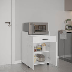 Glover Kitchen Cart With Casters, Open Shelves, Drawer And Cabinet Storage, Mobile Kitchen Island, White