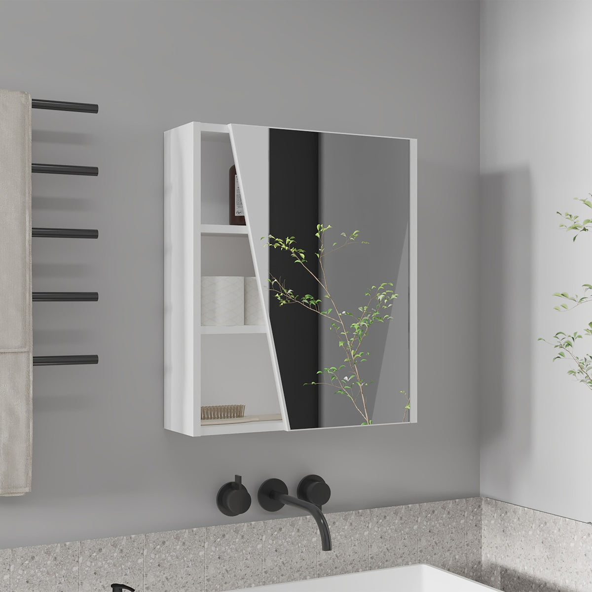 Quintana Wall-Mounted Mirror Medicine Cabinet With One Door And Four Open Compartments, White