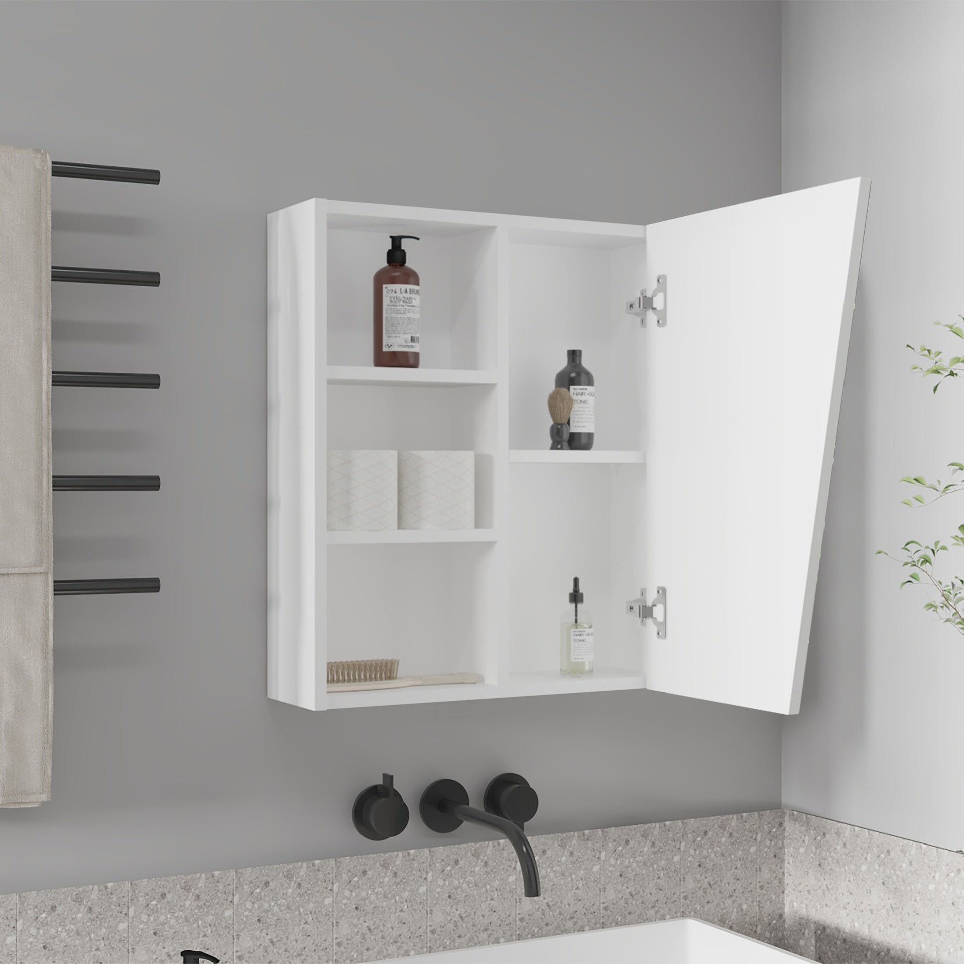 Quintana Wall-Mounted Mirror Medicine Cabinet With One Door And Four Open Compartments, White