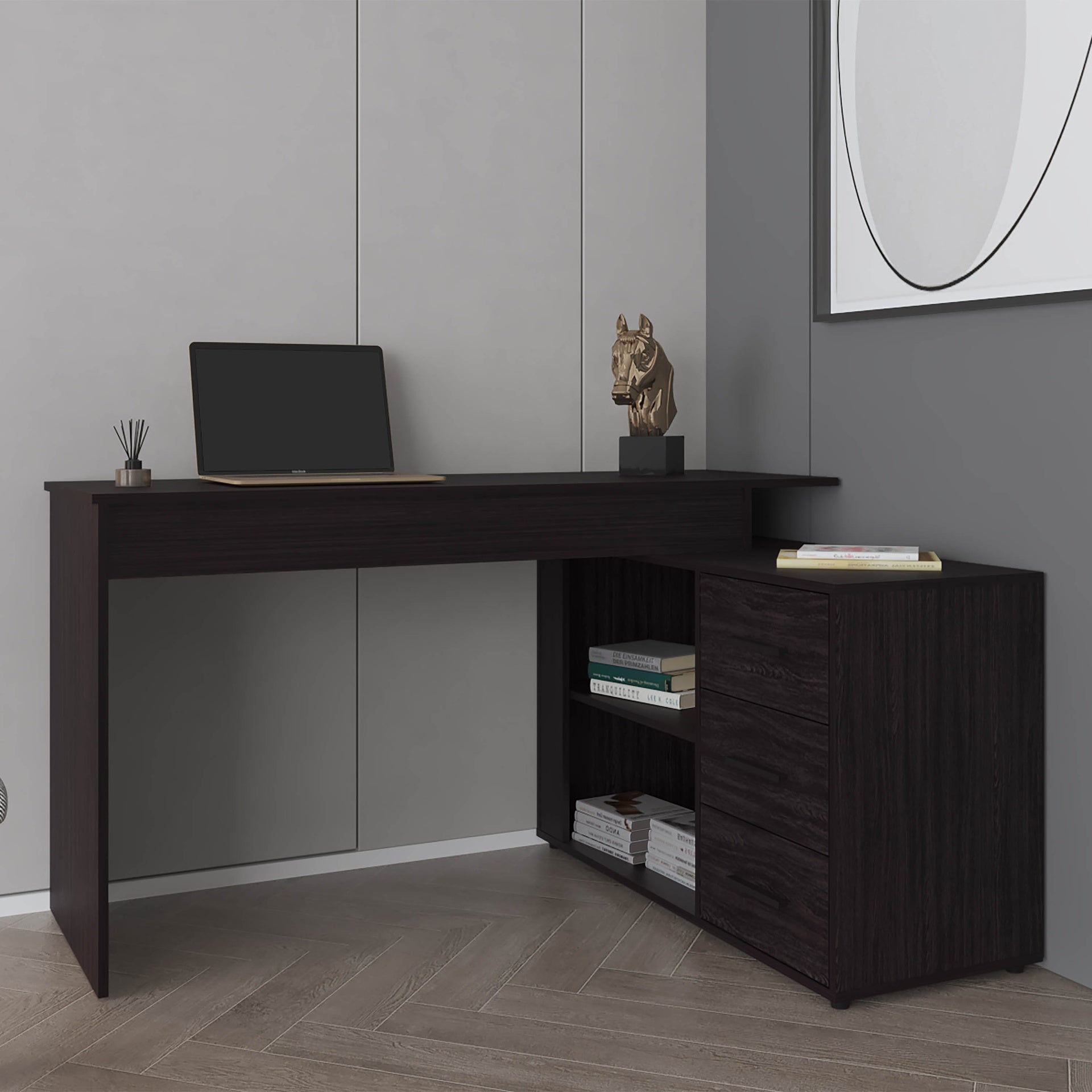 Upton L-Shape Home Office Desk, Studio, Bedroom, Library, Study Table, Work, Black