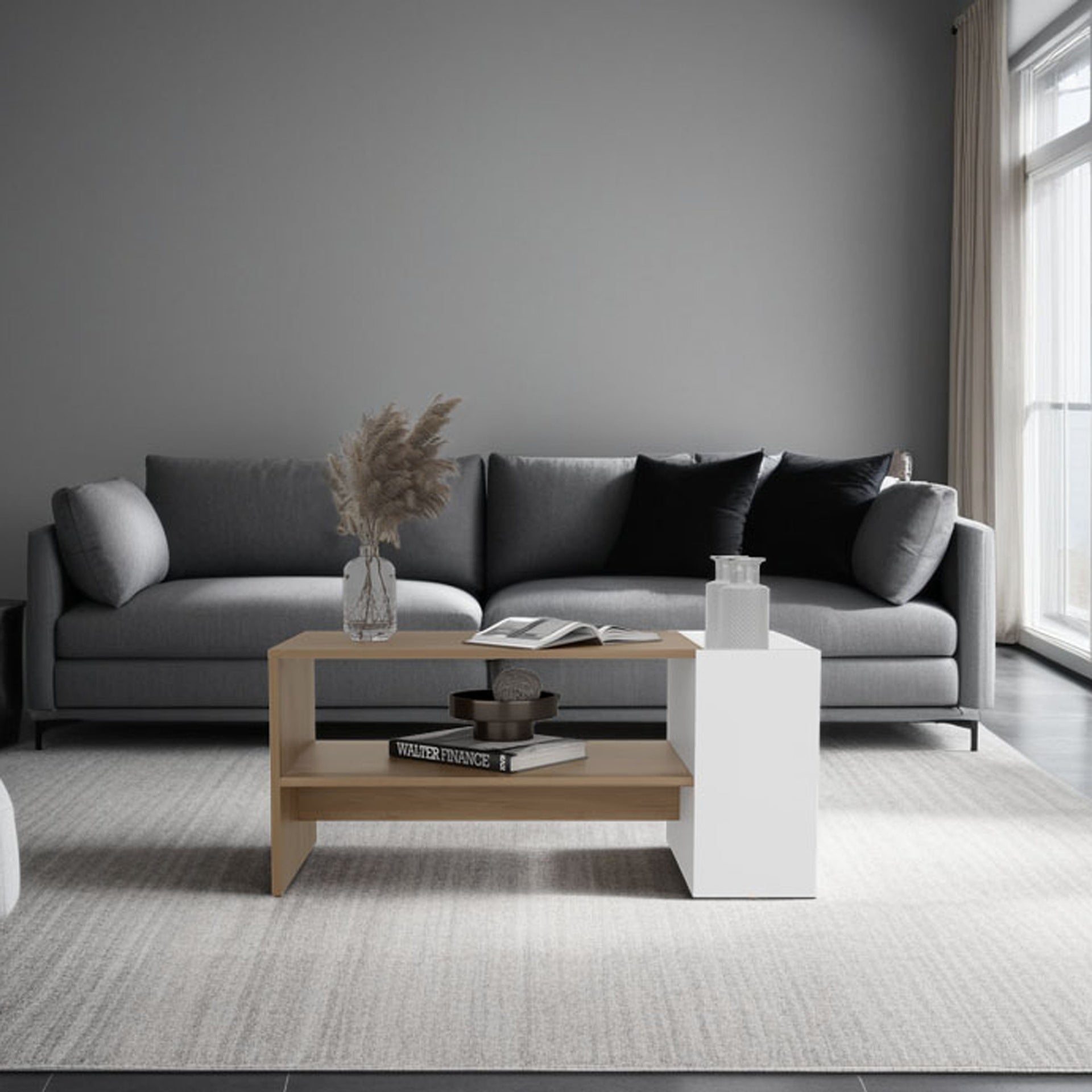 Arion Modern Coffee Table with Open Shelf Storage and One Big Drawer, Two-Tone Living Room Center Table with Wide Top Surface