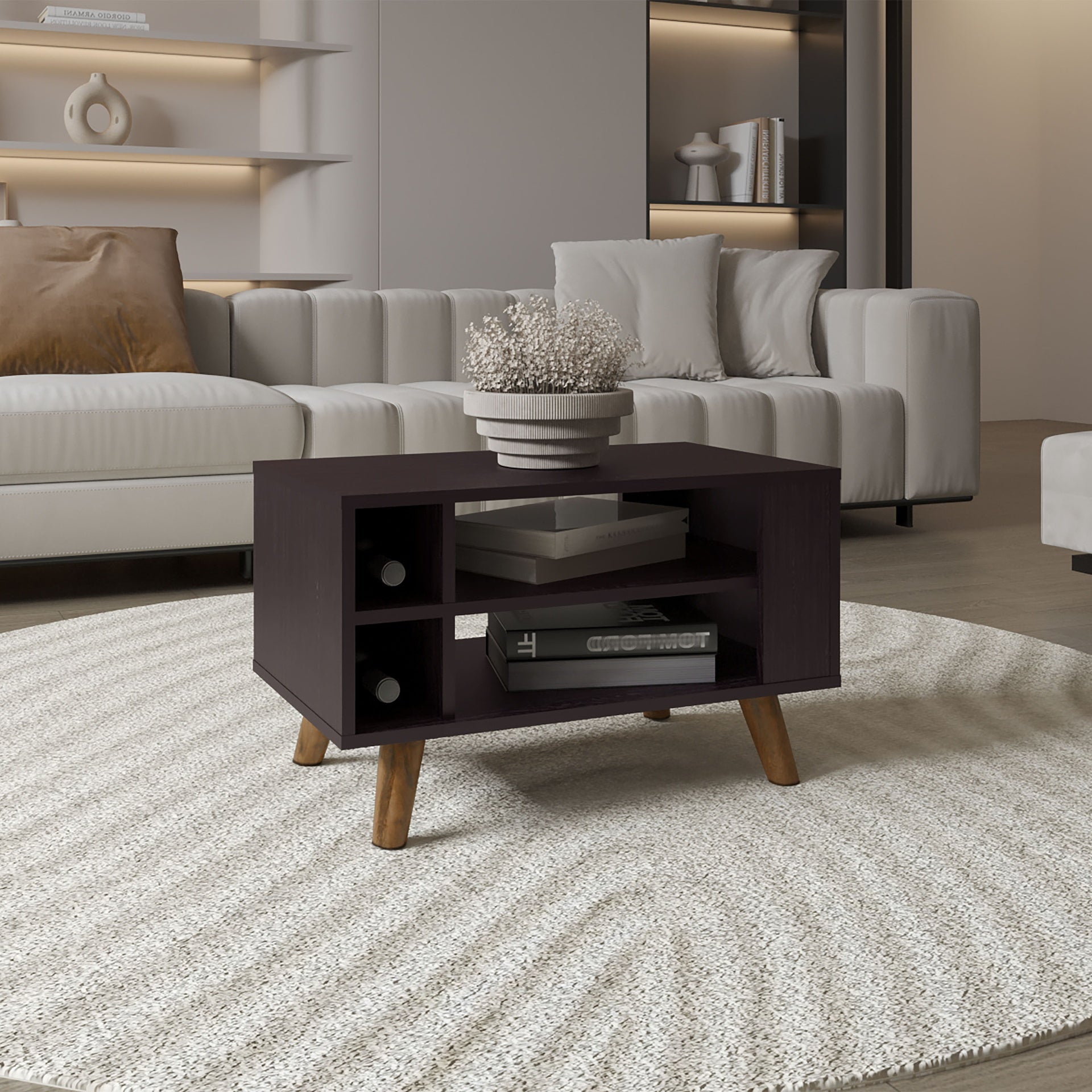 Shawnee Coffee Table with Two Spacious Open Storage Shelves and Rectangular Modern Design, Functional Living Room Center Table