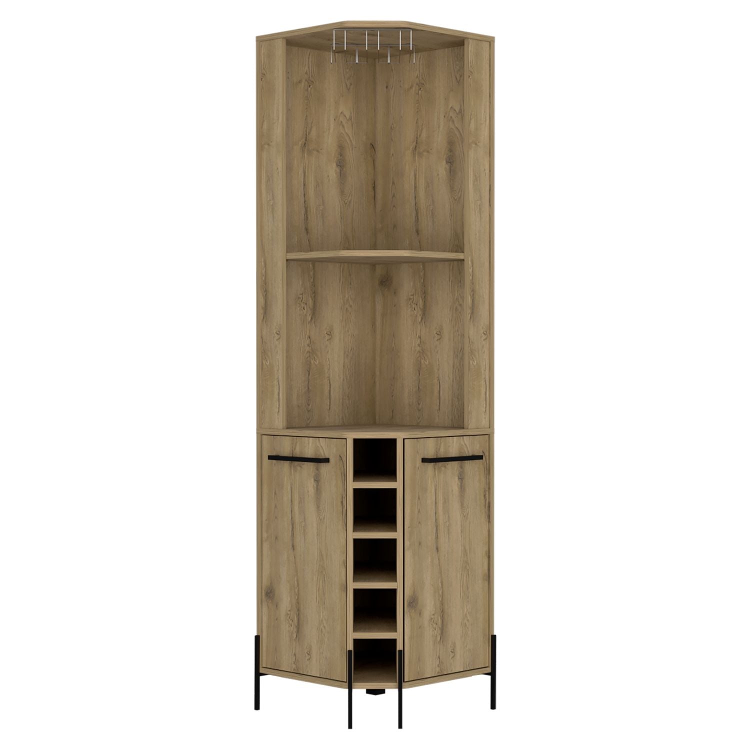 Hans Corner Bar Cabinet, Two Shelves, Five Built-in Wine Rack-Macadamia