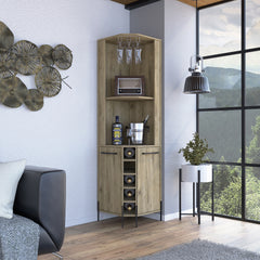 Hans Corner Bar Cabinet, Two Shelves, Five Built-in Wine Rack-Macadamia
