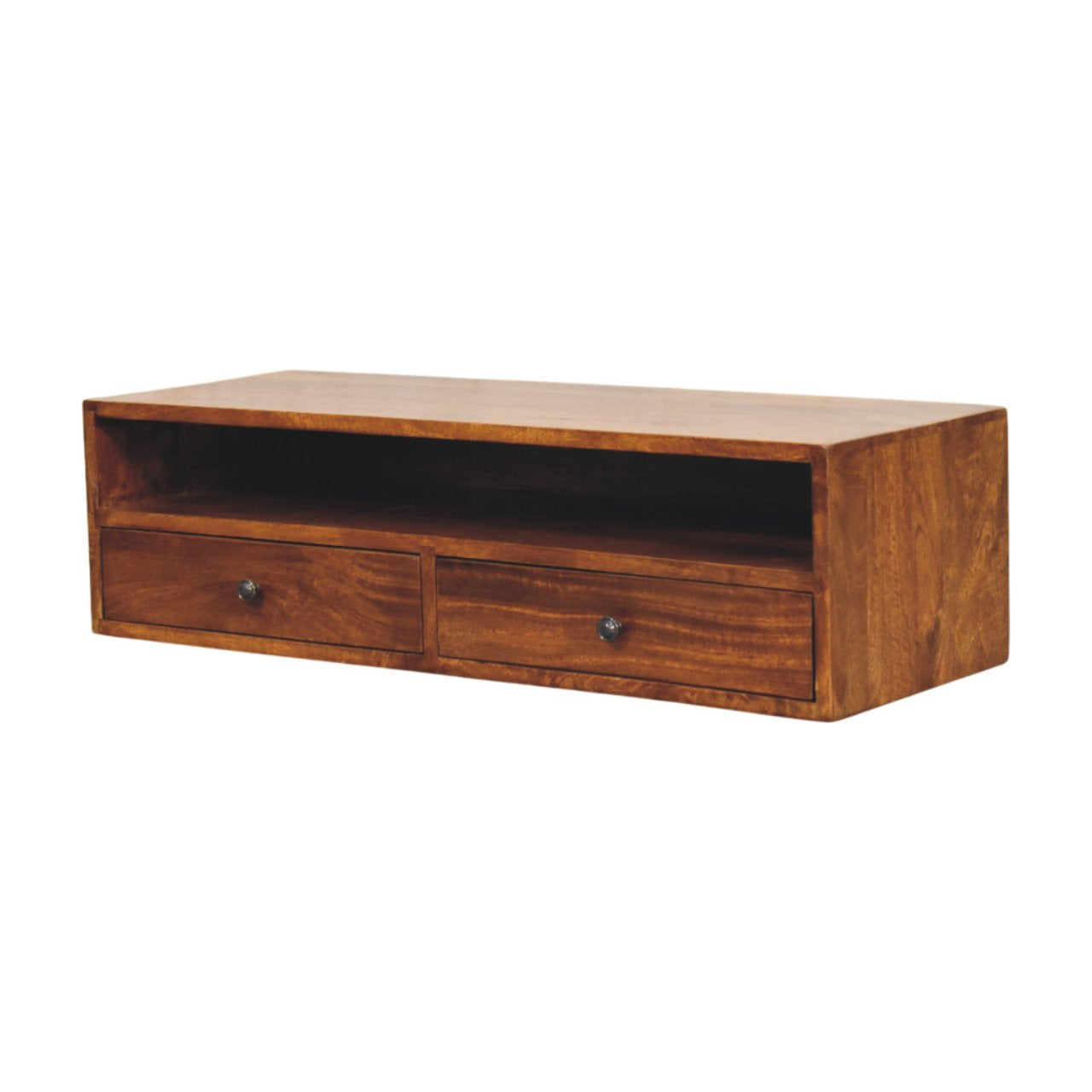 Solid Wood Lunar Wall-Mounted Media Unit, 2-Drawers, Chestnut , Brown