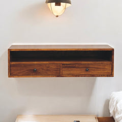 Solid Wood Lunar Wall-Mounted Media Unit, 2-Drawers, Chestnut , Brown