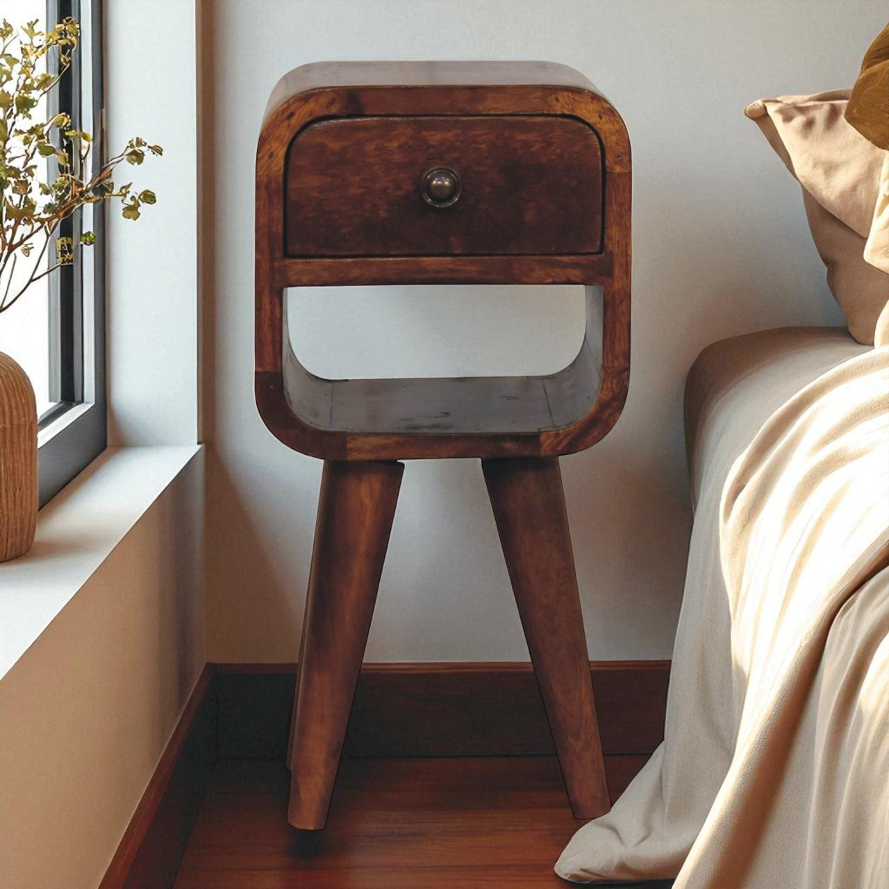 Solid Wood Extra Mini Chestnut Curve Lower Nightstand, 1-Drawer, 1 Open-Slot, Nordic Legs, Dark Brown