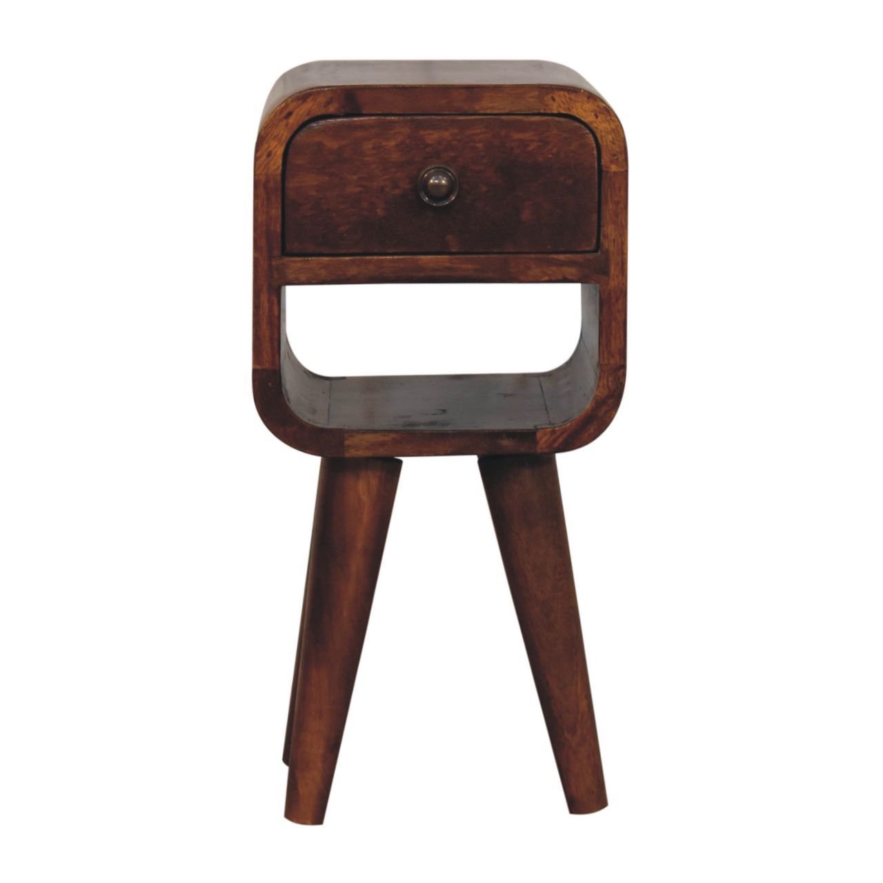 Solid Wood Extra Mini Chestnut Curve Lower Nightstand, 1-Drawer, 1 Open-Slot, Nordic Legs, Dark Brown
