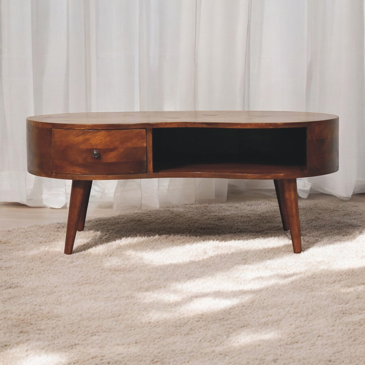 Solid Wood Large Chestnut Wave Coffee Table, 1-Drawer, 1-Open Shelf, Dark Brown