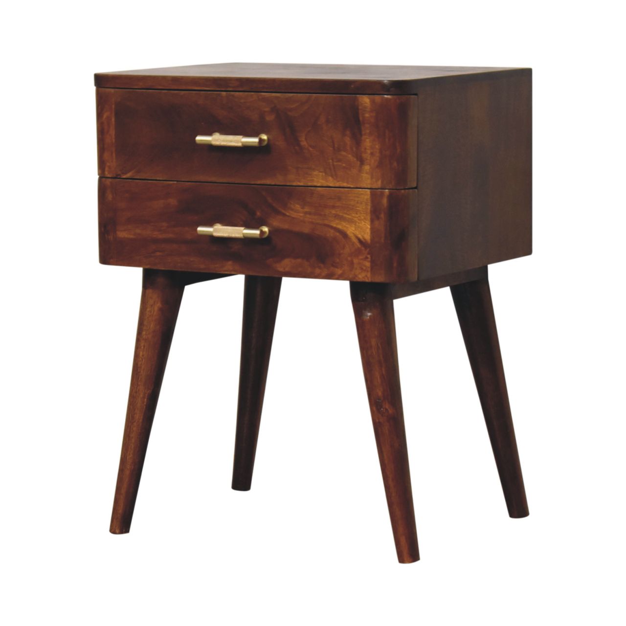 Solid Wood Chestnut T-Bar Nightstand, 2-Drawers, Nordic Legs, Dark Brown
