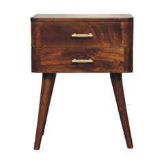 Solid Wood Chestnut T-Bar Nightstand, 2-Drawers, Nordic Legs, Dark Brown