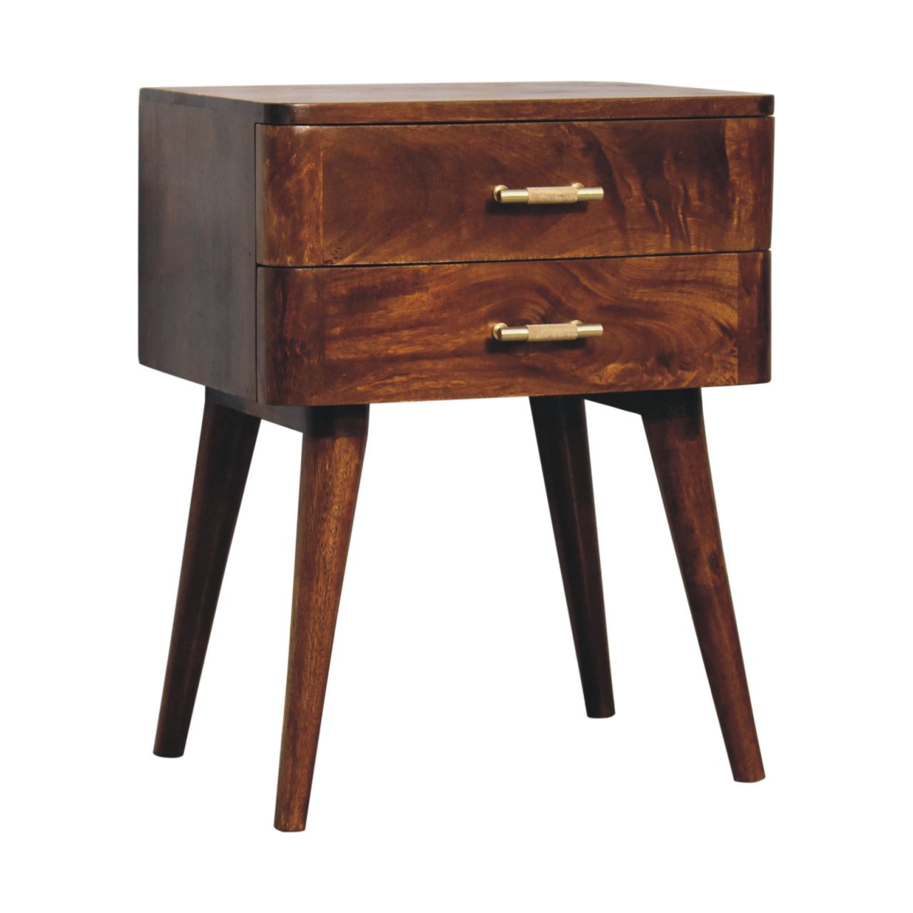 Solid Wood Chestnut T-Bar Nightstand, 2-Drawers, Nordic Legs, Dark Brown