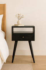 Solid Wood, Mini Nightstand, 1-Drawer, 1 Open-Slot, Ash Black