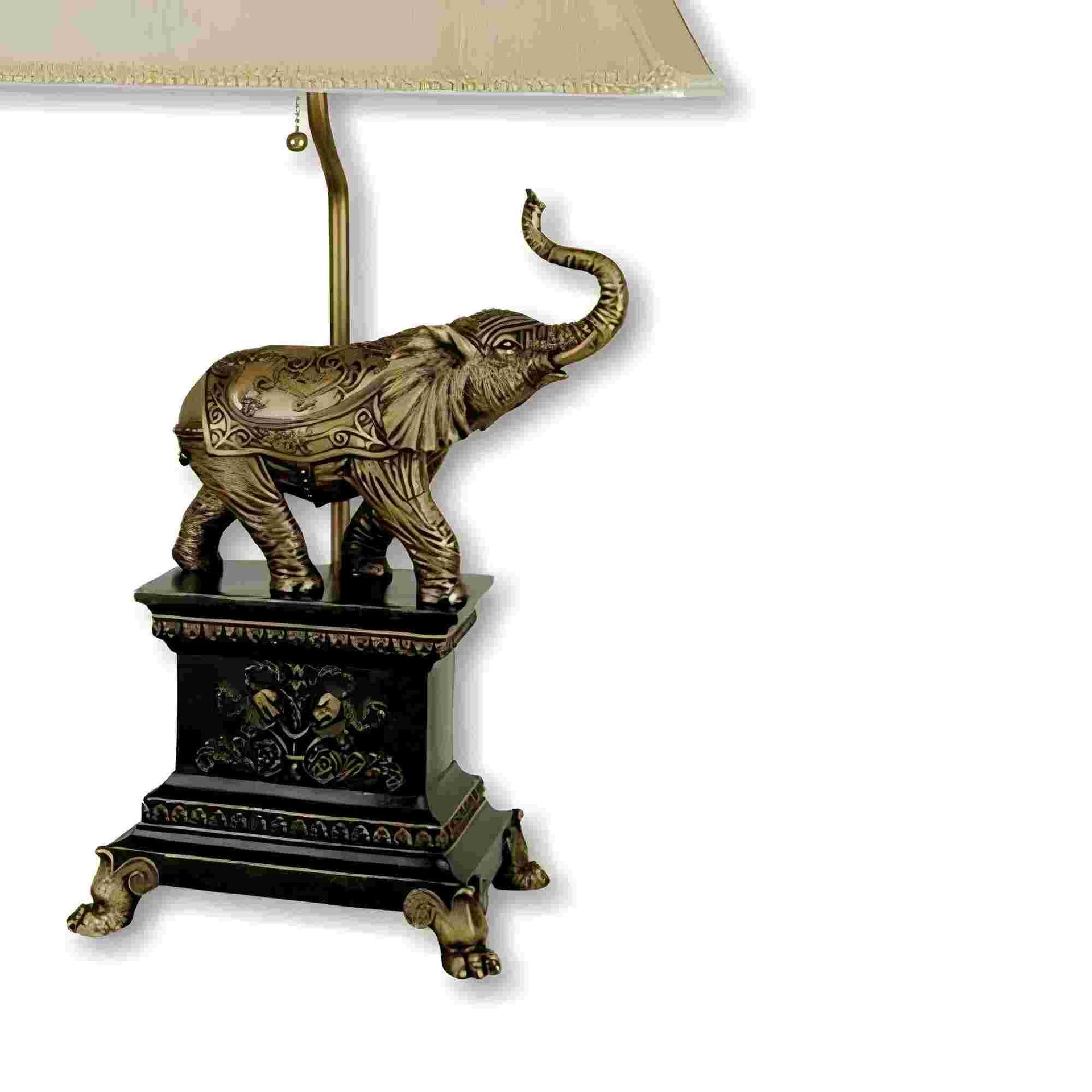 29" Tall Polyresin Elephant Table Lamp w/ Antique Gold finish, White Shade