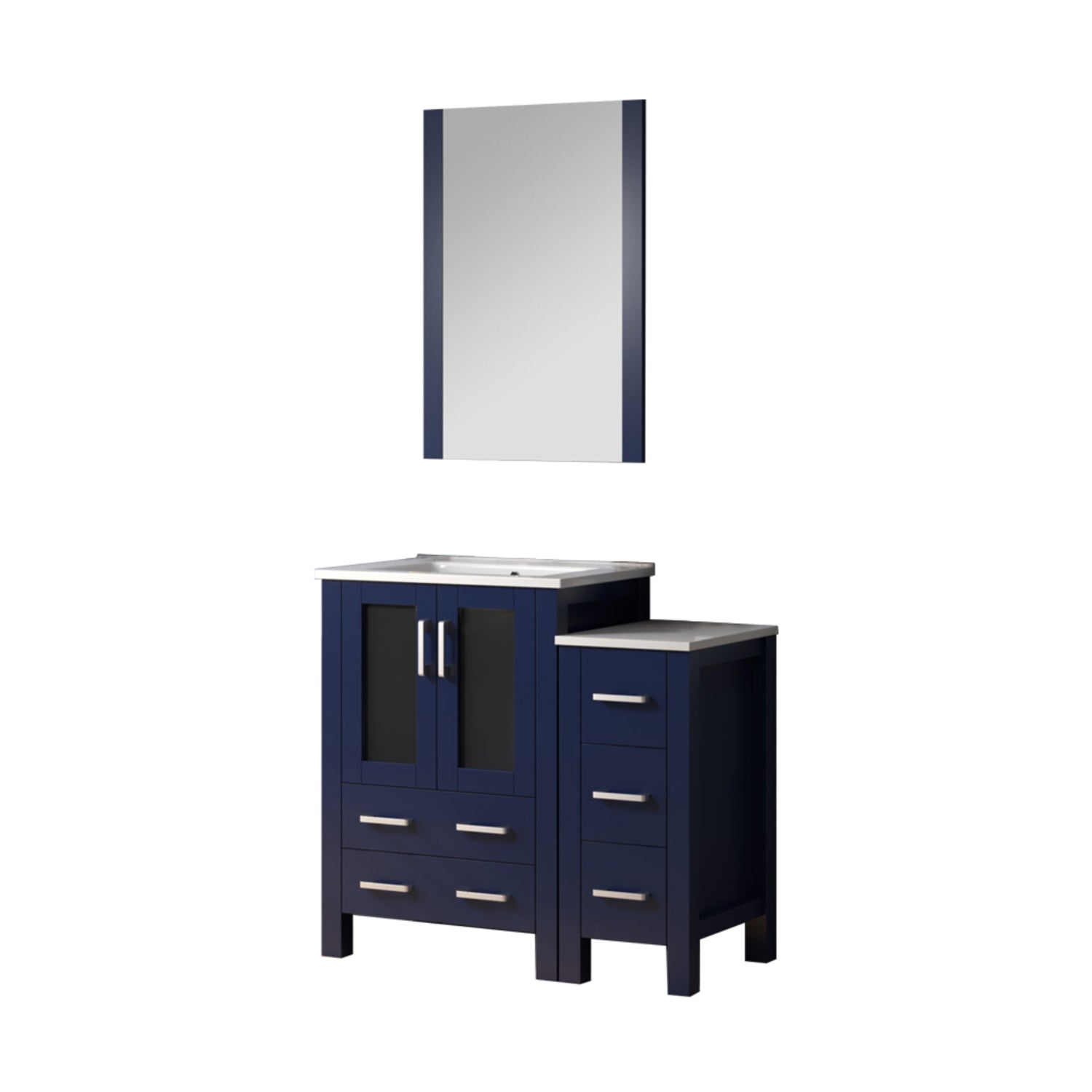 Navy Blue Bath Vanity 36 in. W x 18.25 in. D, with Side Cabinet, White Ceramic Top, and 22 in. Mirror
