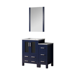 Navy Blue Bath Vanity 36 in. W x 18.25 in. D, with Side Cabinet, White Ceramic Top, and 22 in. Mirror