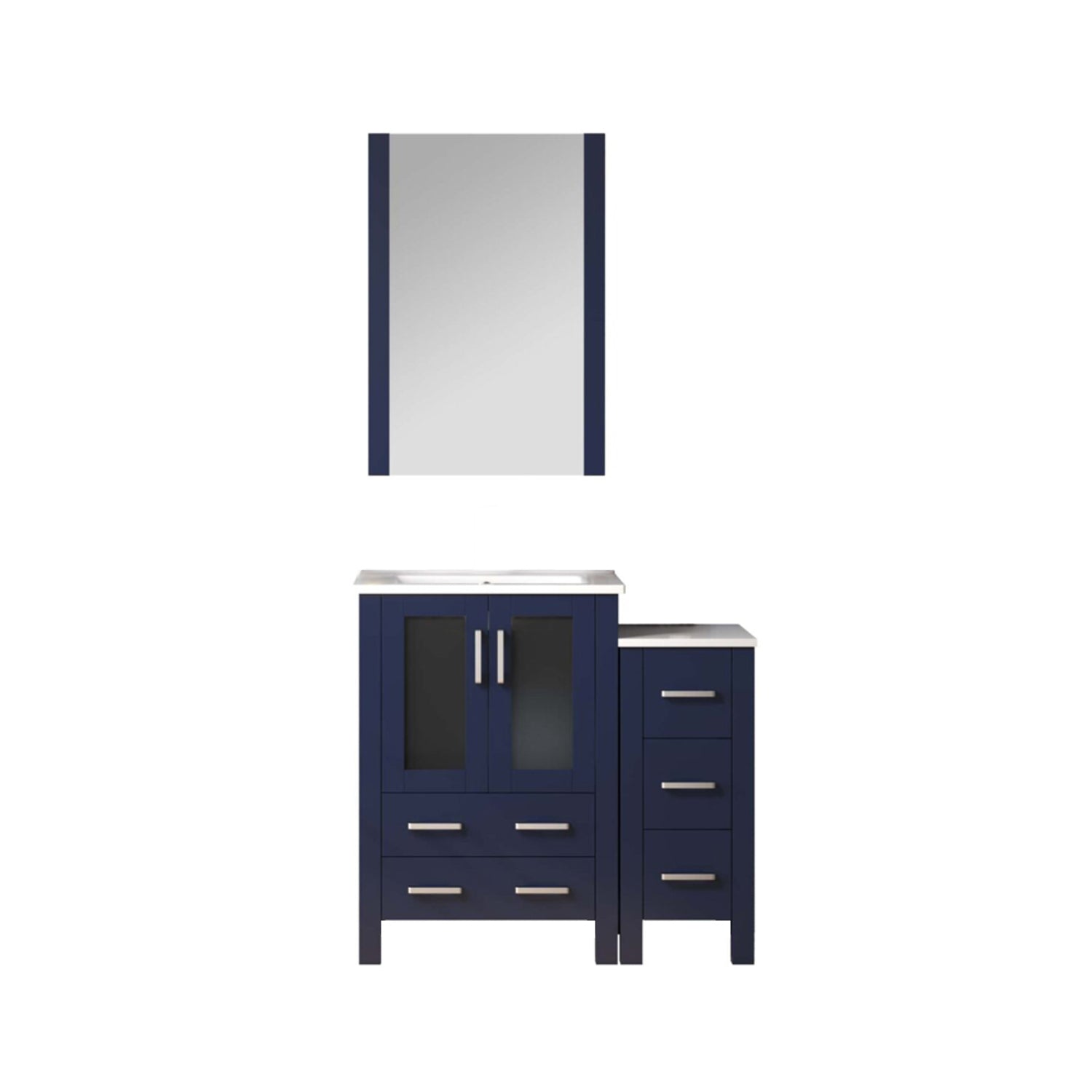 Navy Blue Bath Vanity 36 in. W x 18.25 in. D, with Side Cabinet, White Ceramic Top, and 22 in. Mirror