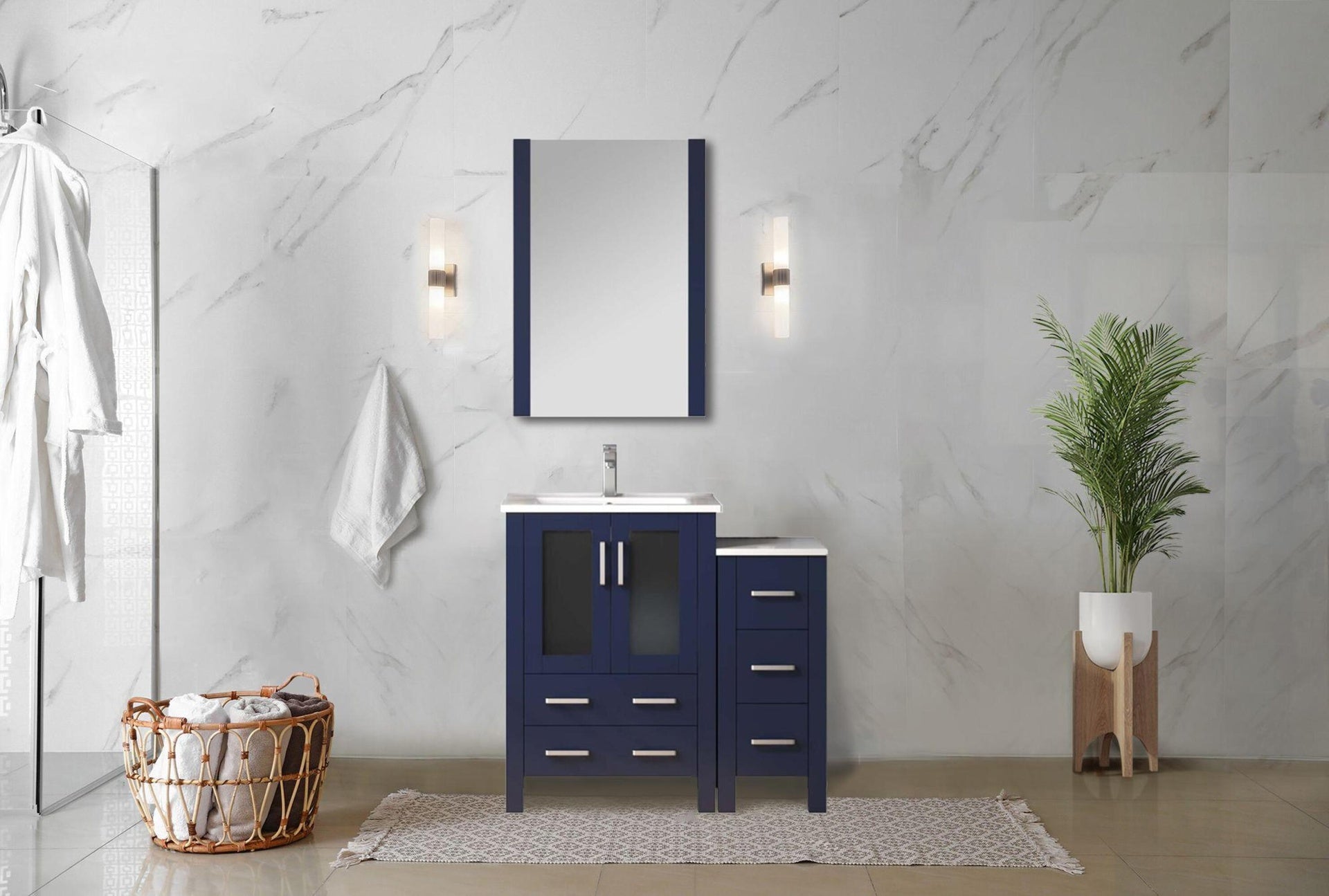 Navy Blue Bath Vanity 36 in. W x 18.25 in. D, with Side Cabinet, White Ceramic Top, and 22 in. Mirror