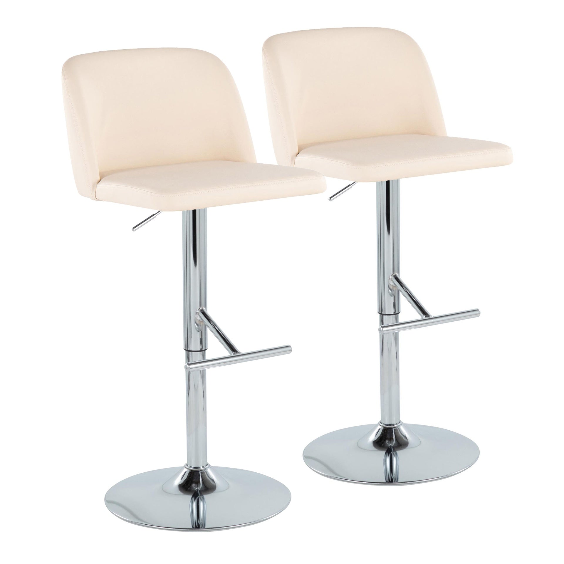 Toriano Contemporary Adjustable Barstool with Swivel in Cream Faux Leather and Chrome Metal with Straight T Footrest by LumiSource - Set of 2