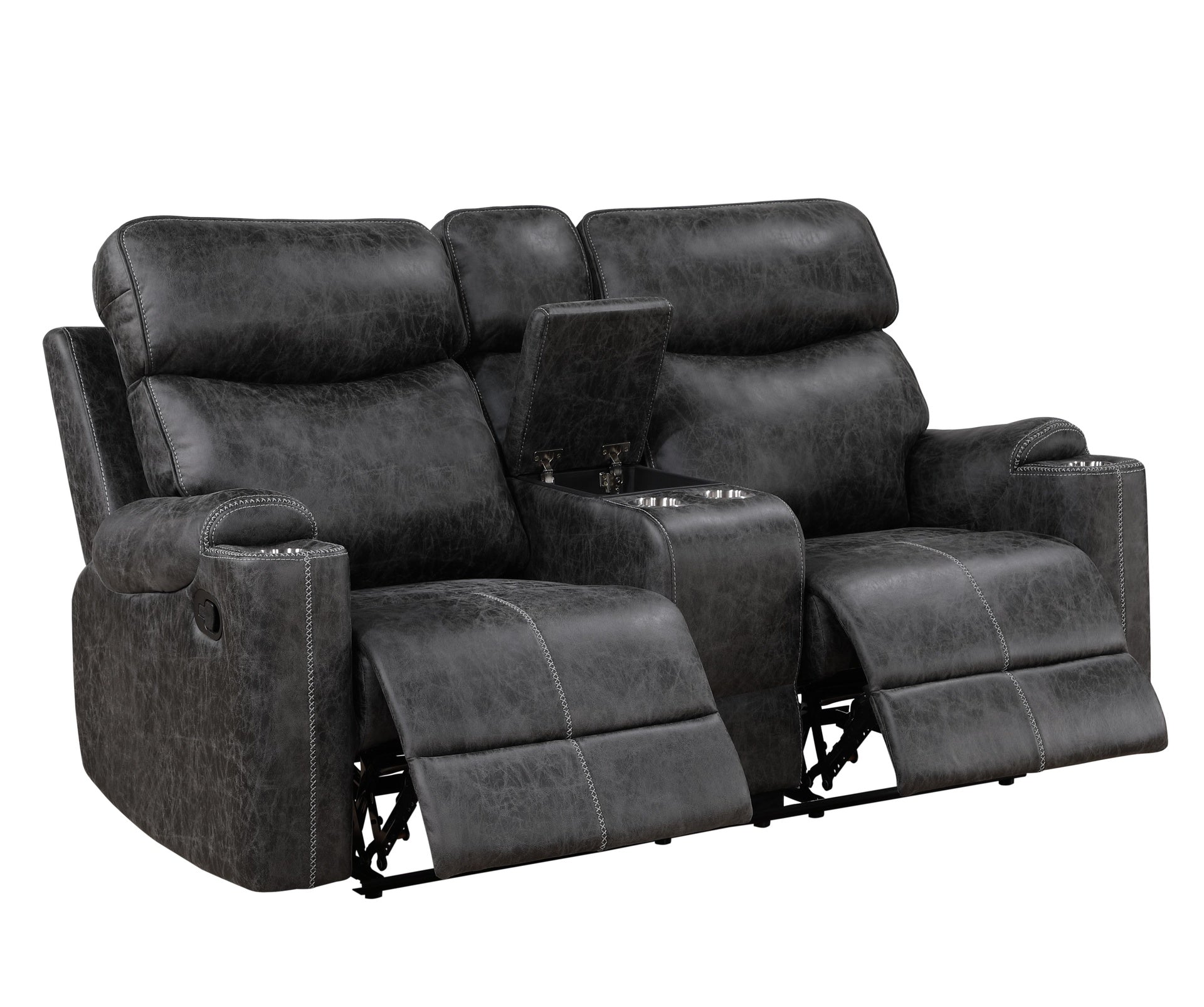 Hirah Dark Gray Microfiber Manual Recliner Loveseat with Cupholder Function and Built-in USB Port