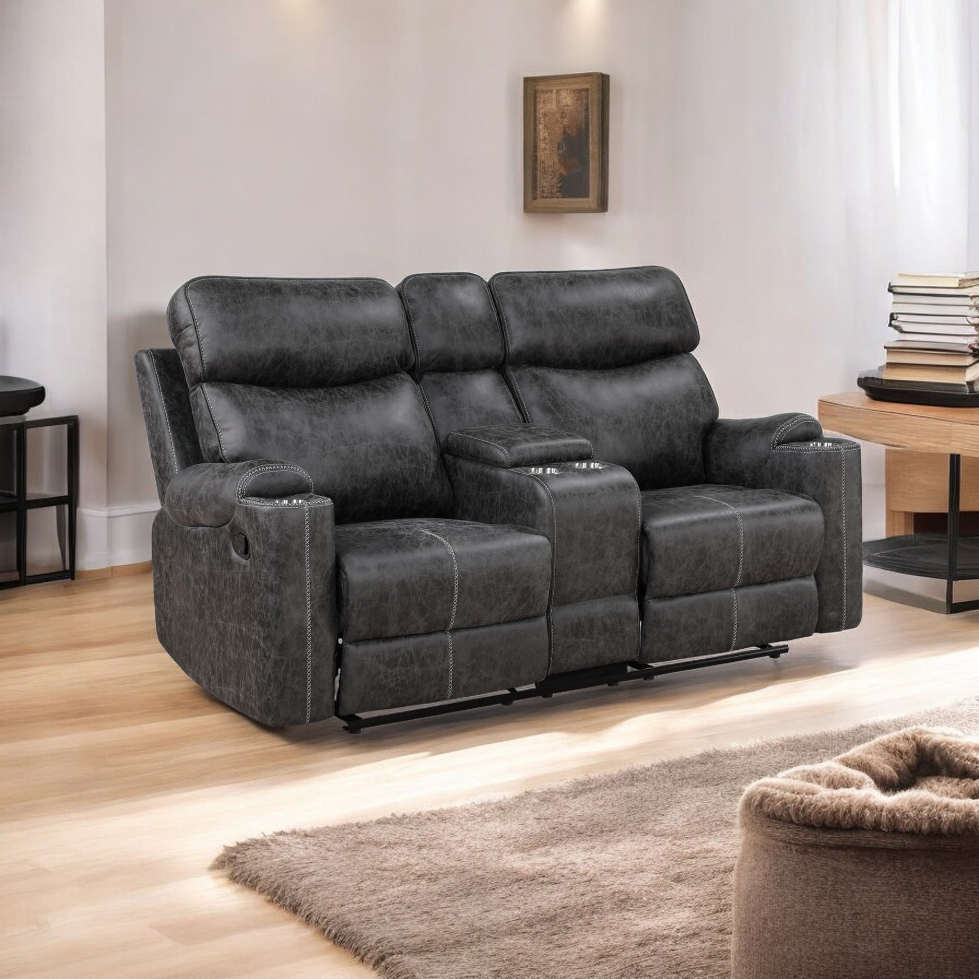 Hirah Dark Gray Microfiber Manual Recliner Loveseat with Cupholder Function and Built-in USB Port
