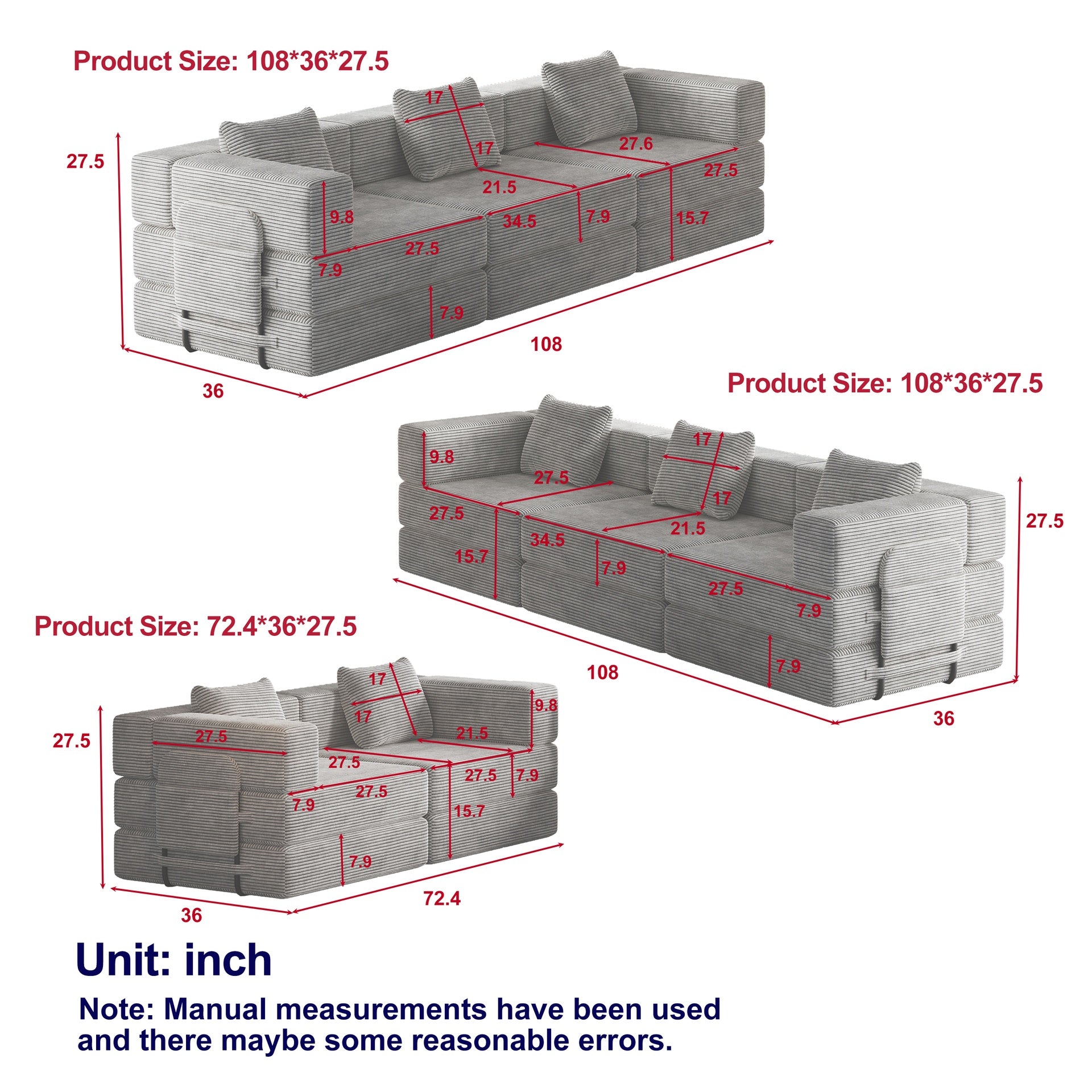 8 seater folding sofa bed, corduroy fabric sofa with side storage pockets and cushions, comfortable folding sofa bed for living room, bedroom and study, carpeted sofa.