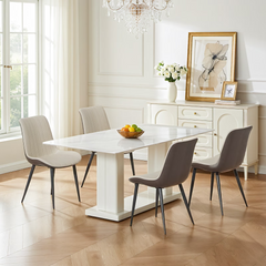 Khaki + Grey PU Leather Dining Chair with Metal Legs, Wave Pattern Upholstered Armless Chair Set of 4 for Kitchen, Restaurant, Living, Meeting Room