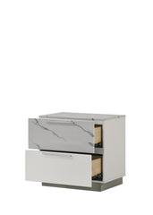 Mist Nightstand – Two-Tone High-Gloss Marble & Lacquer Finish with Two Drawers, Velvet-Lined Interior, and a Compact Elegant Design  same as B009P309328 (CA inventory)