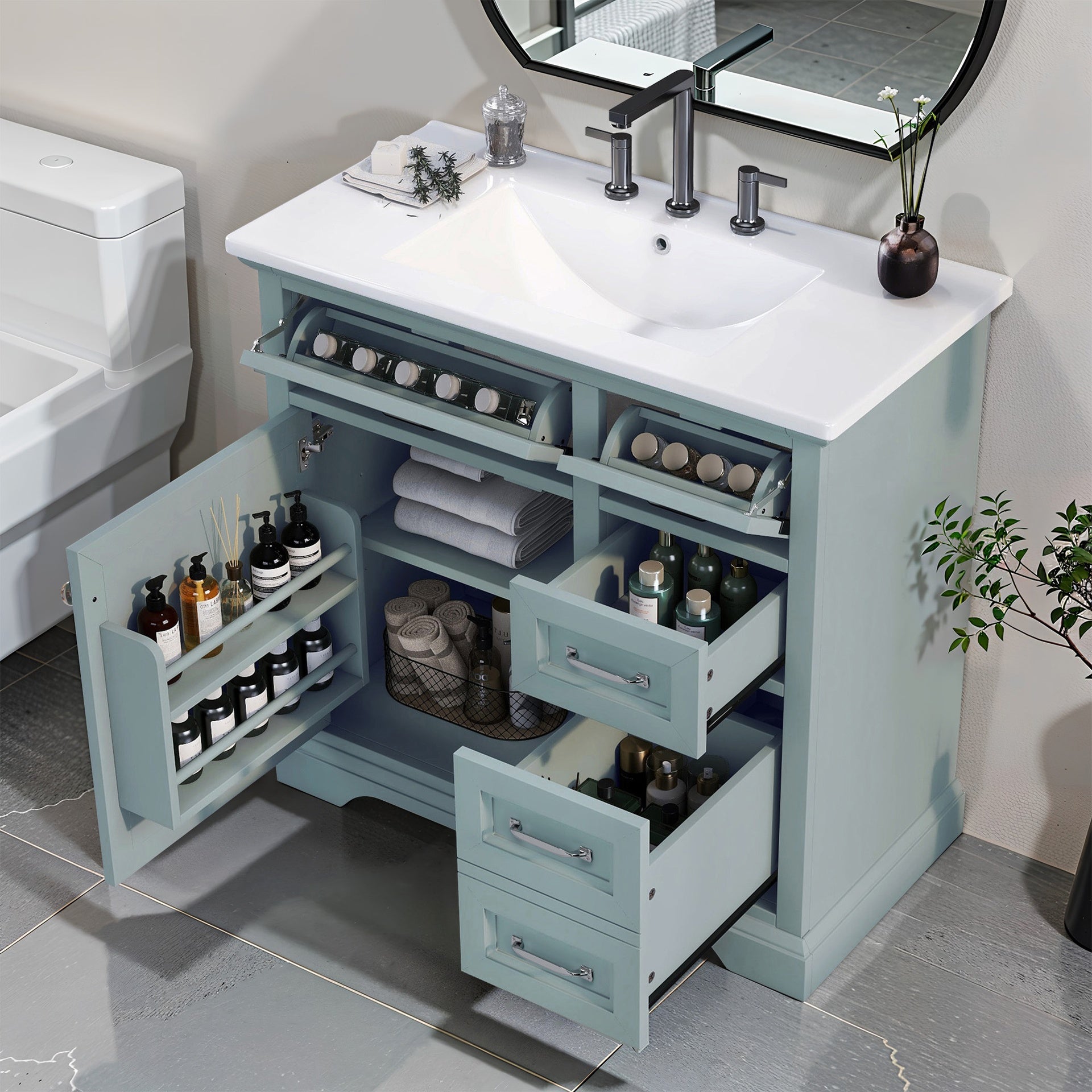 36" Bathroom Vanity Set with Ceramic Undermount Sink, 2 Tip-Out Drawers & Soft-Close Hinges, Modern Grey
