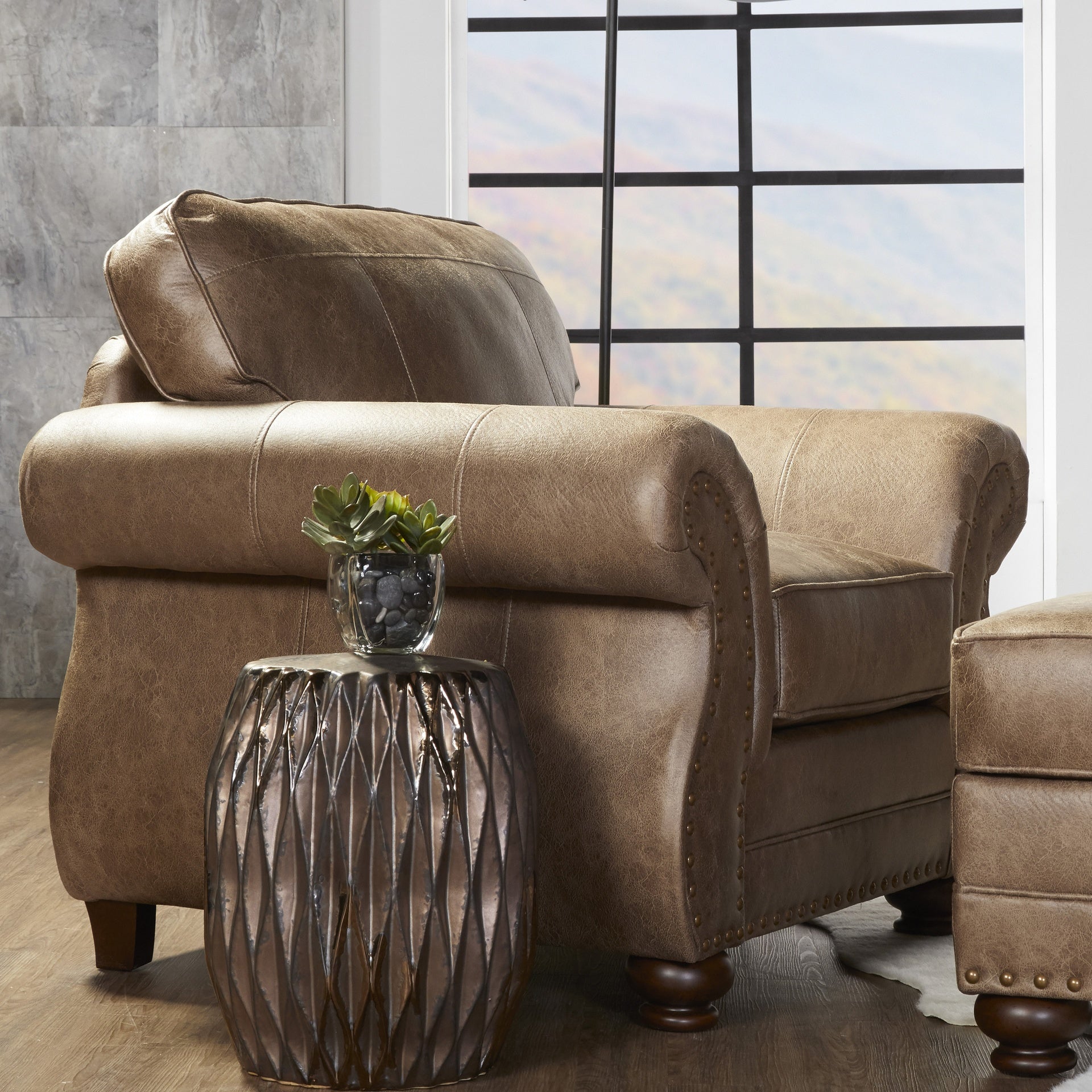 Leinster Fabric Armchair with Antique Bronze Nailheads in Jetson Ginger