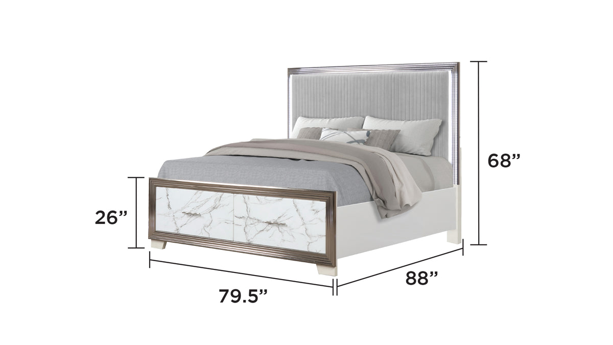 Desire King 4-Piece Bedroom Set – LED Upholstered Bed, Dresser, Mirror, and Nightstand with Marble-Inspired Accents and Sleek Metallic Trim for a Chic Modern Look(CA INVENTORY)