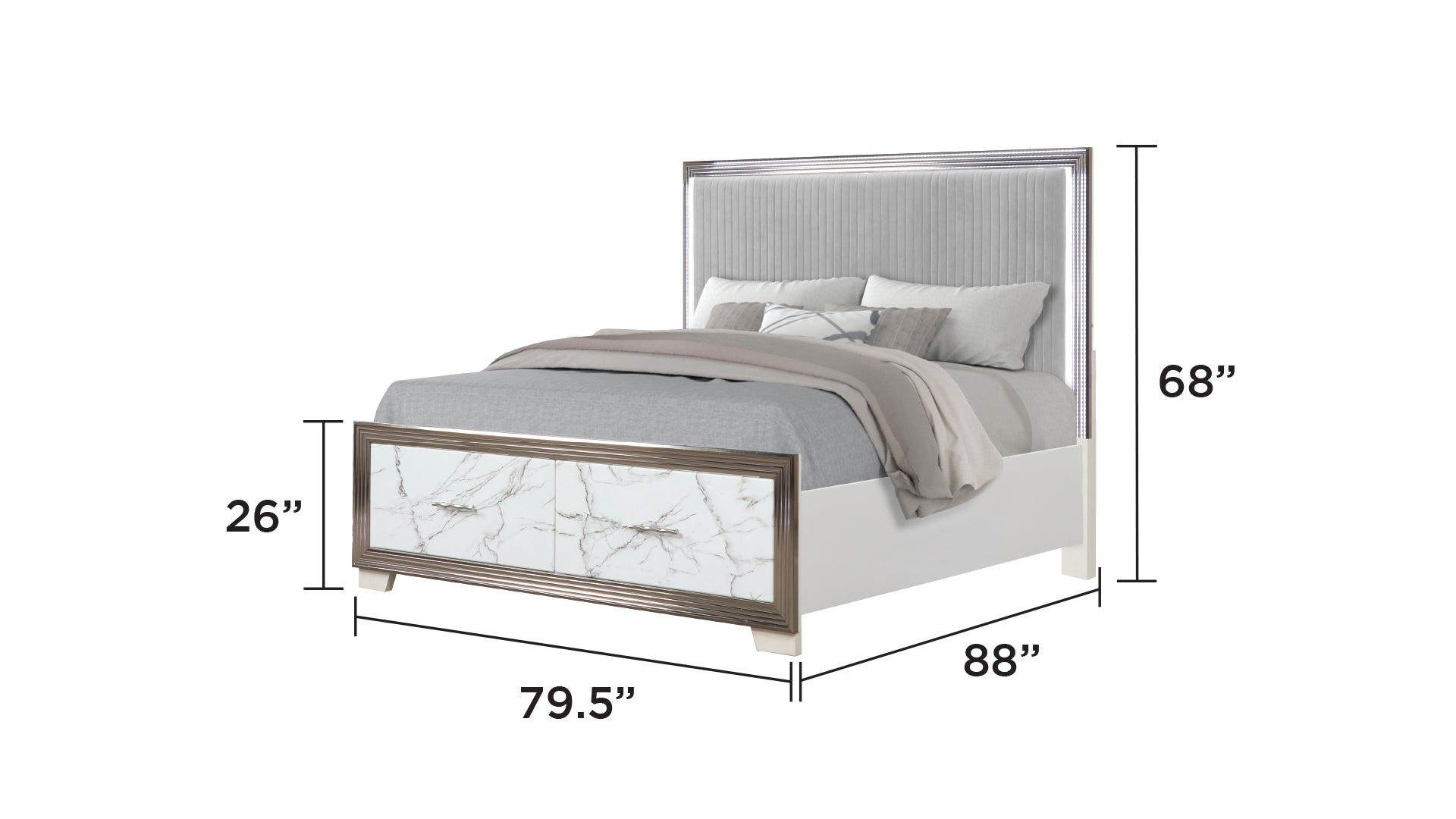 Desire King Bed – Upholstered LED Headboard with Marble-Patterned Footboard Storage and Metallic Trim for a Chic Modern Bedroom Statement (CA INVENTORY)