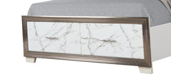 Desire King Bed – Upholstered LED Headboard with Marble-Patterned Footboard Storage and Metallic Trim for a Chic Modern Bedroom Statement (CA INVENTORY)