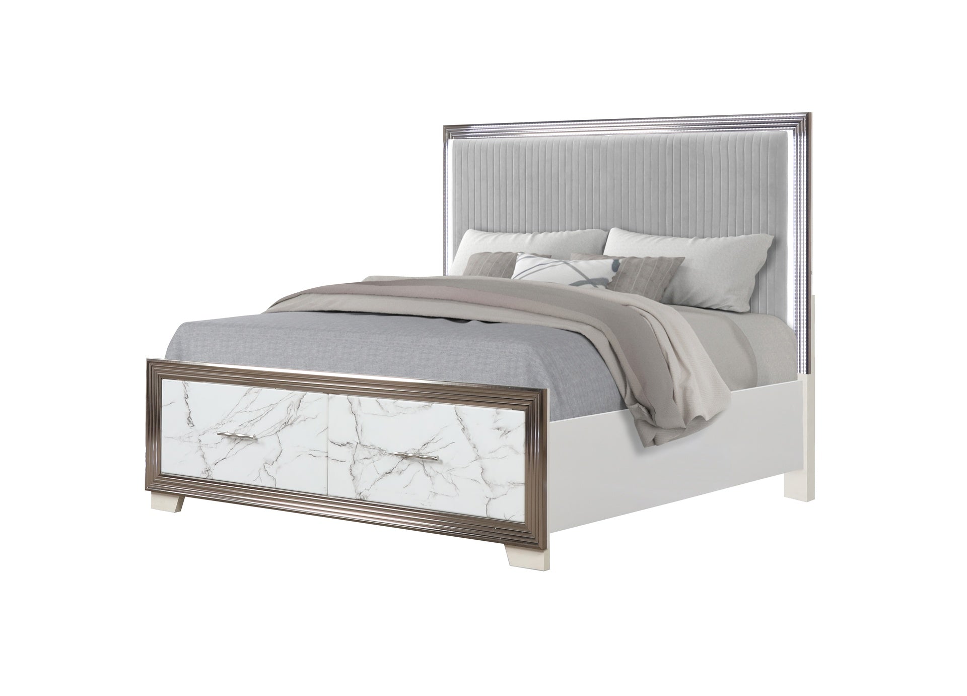 Desire King Bed – Upholstered LED Headboard with Marble-Patterned Footboard Storage and Metallic Trim for a Chic Modern Bedroom Statement (CA INVENTORY)