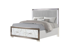 Desire King Bed – Upholstered LED Headboard with Marble-Patterned Footboard Storage and Metallic Trim for a Chic Modern Bedroom Statement (CA INVENTORY)