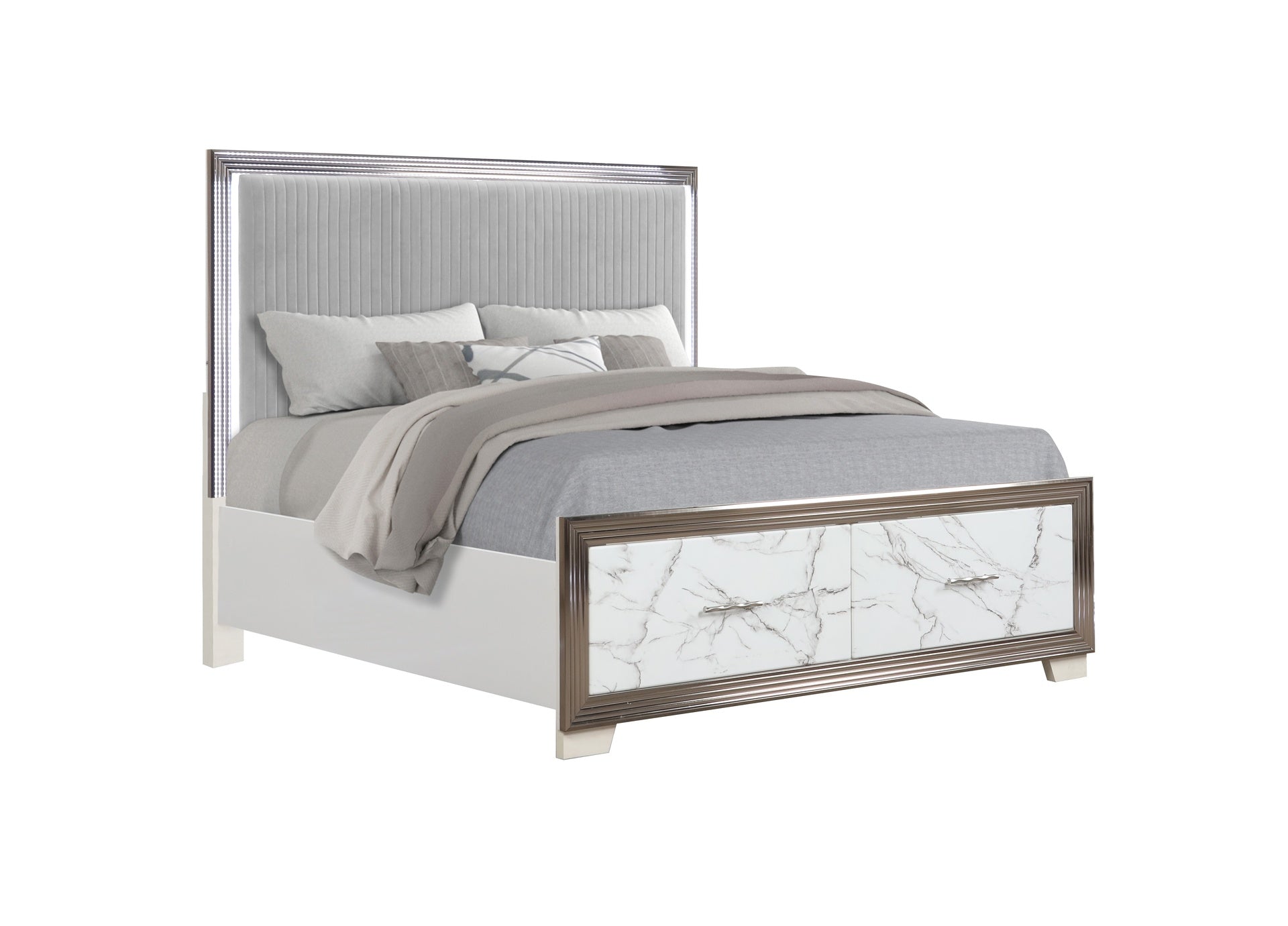 Desire King Bed – Upholstered LED Headboard with Marble-Patterned Footboard Storage and Metallic Trim for a Chic Modern Bedroom Statement (CA INVENTORY)